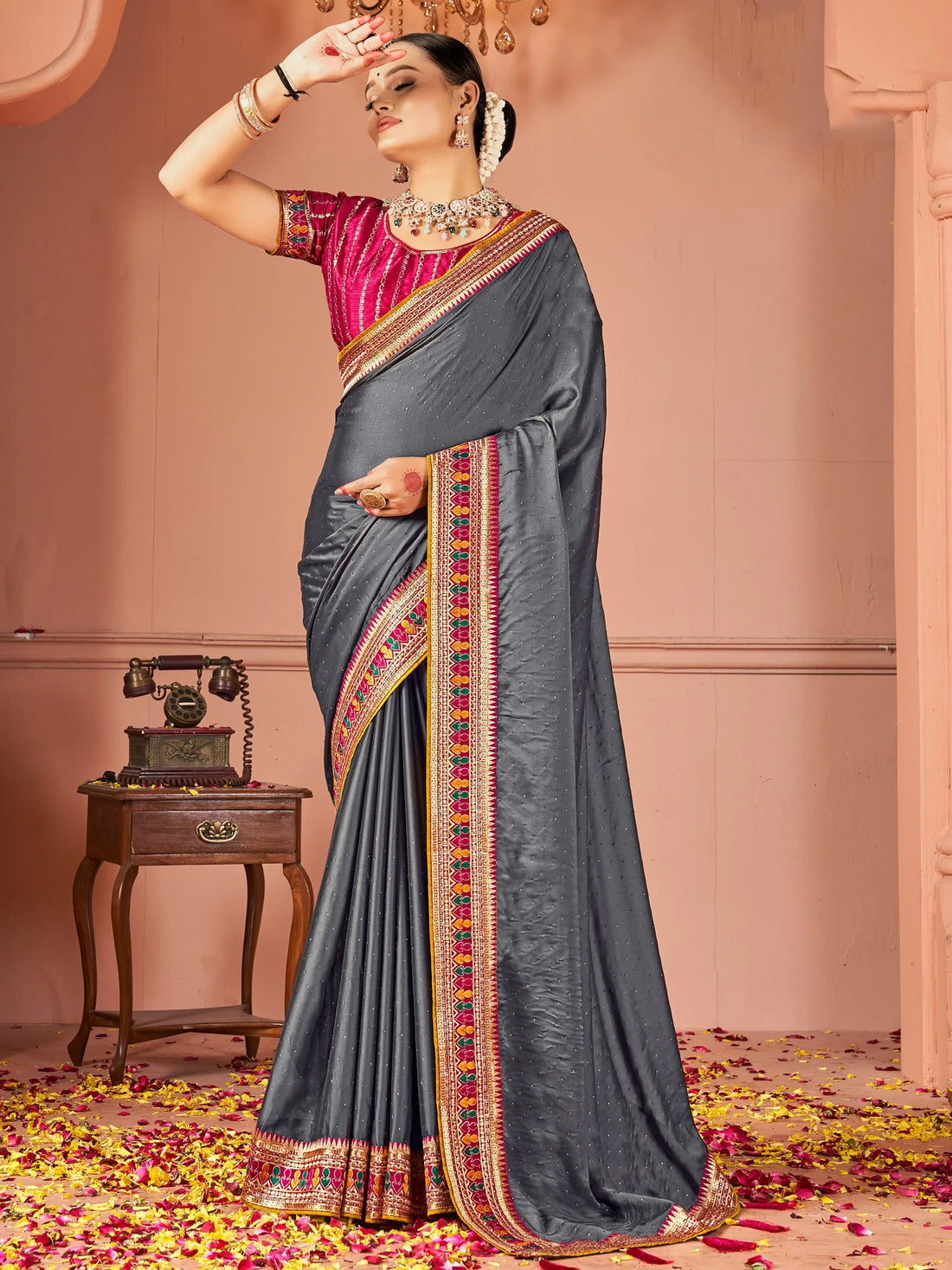 Awesome Grey Swarovski Work Silk Evening Wear Saree - Zeel Clothing
