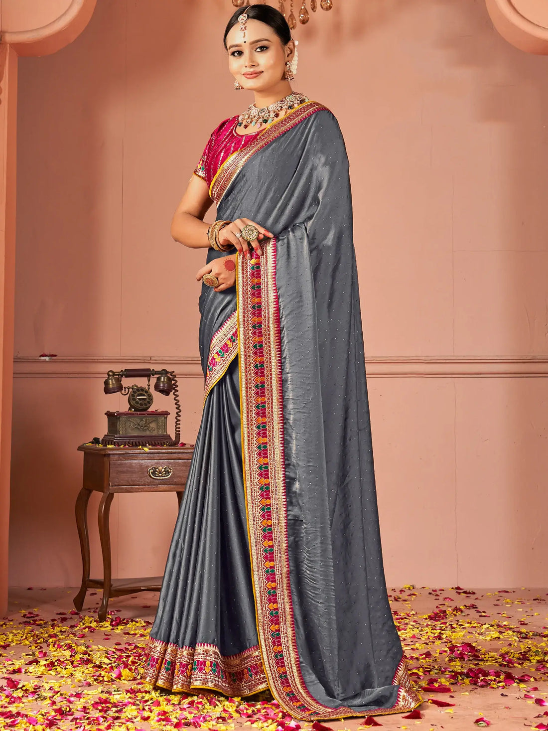 Awesome Grey Swarovski Work Silk Evening Wear Saree - Zeel Clothing