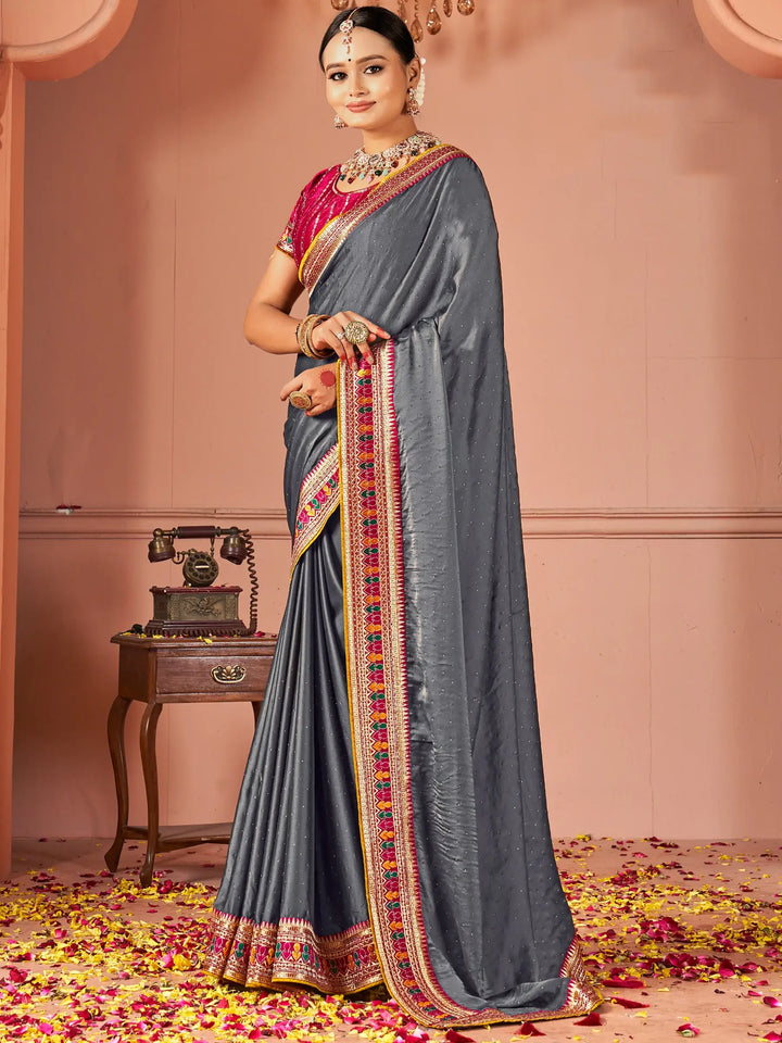 Awesome Grey Swarovski Work Silk Evening Wear Saree - Zeel Clothing