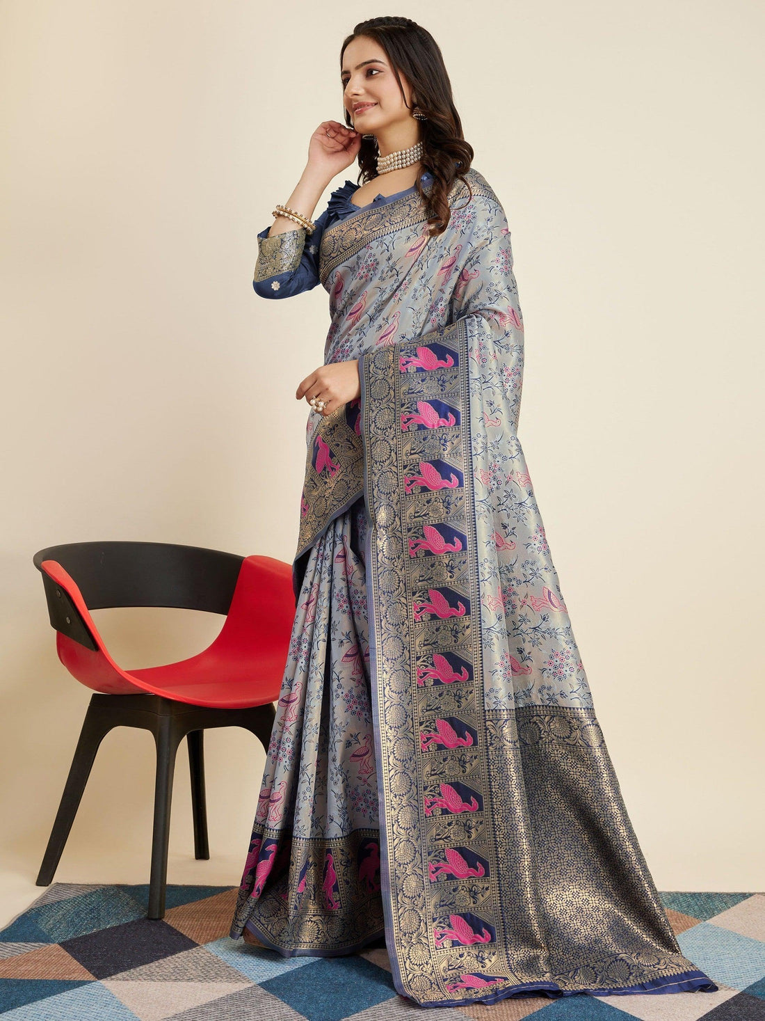 Awesome Grey Zari Weaving Banarasi Silk Saree With Blouse