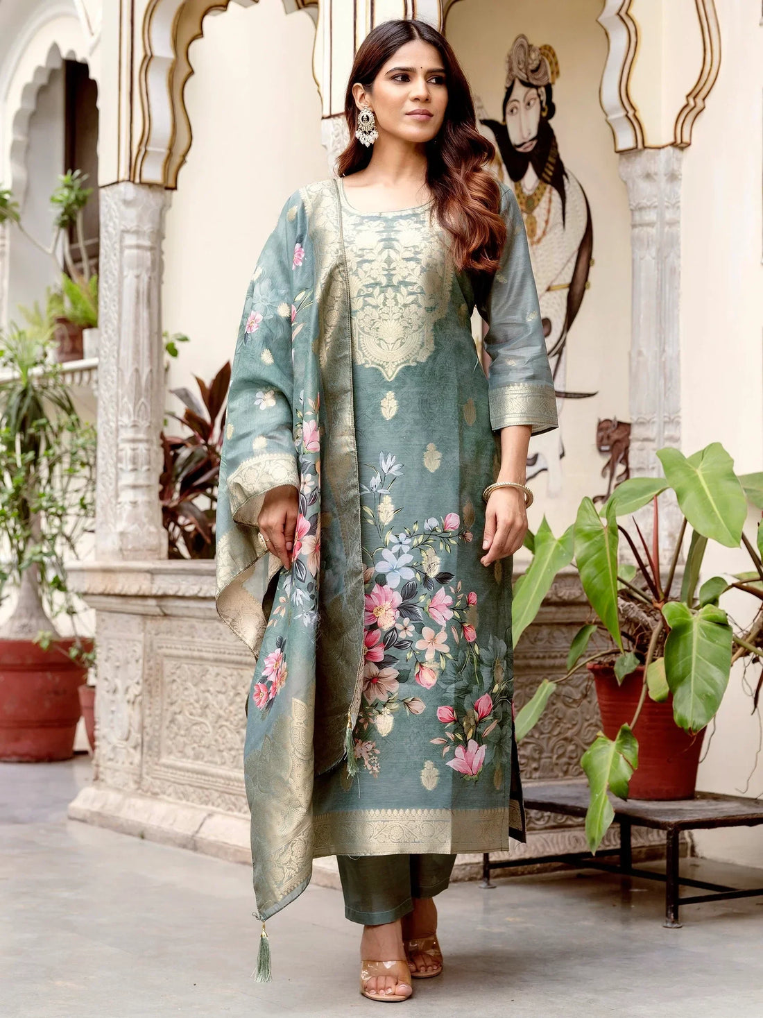 Awesome Grey Zari Weaving Chanderi Silk Function Wear Pant Suit With Dupatta - Zeel Clothing