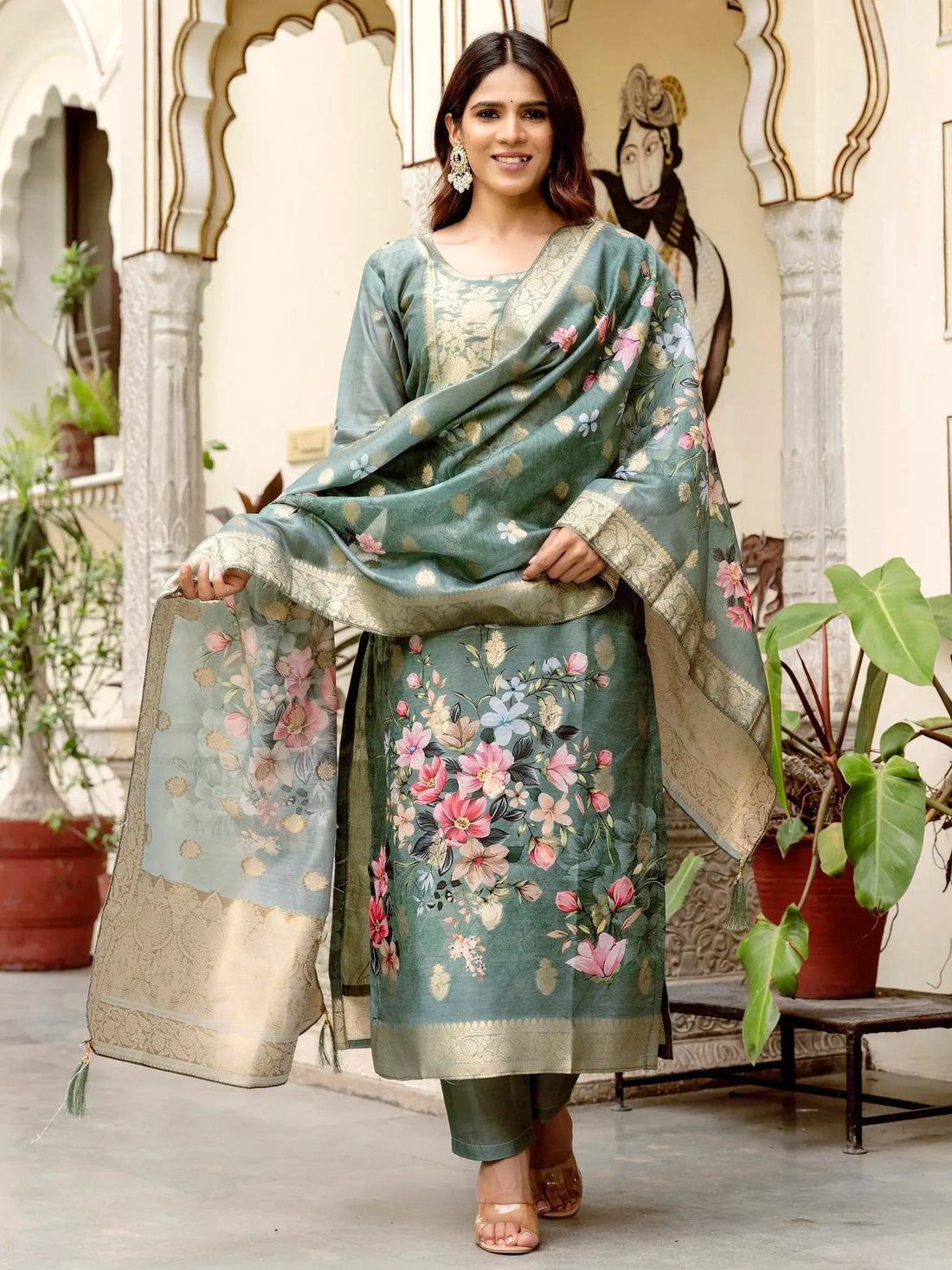 Awesome Grey Zari Weaving Chanderi Silk Function Wear Pant Suit With Dupatta - Zeel Clothing