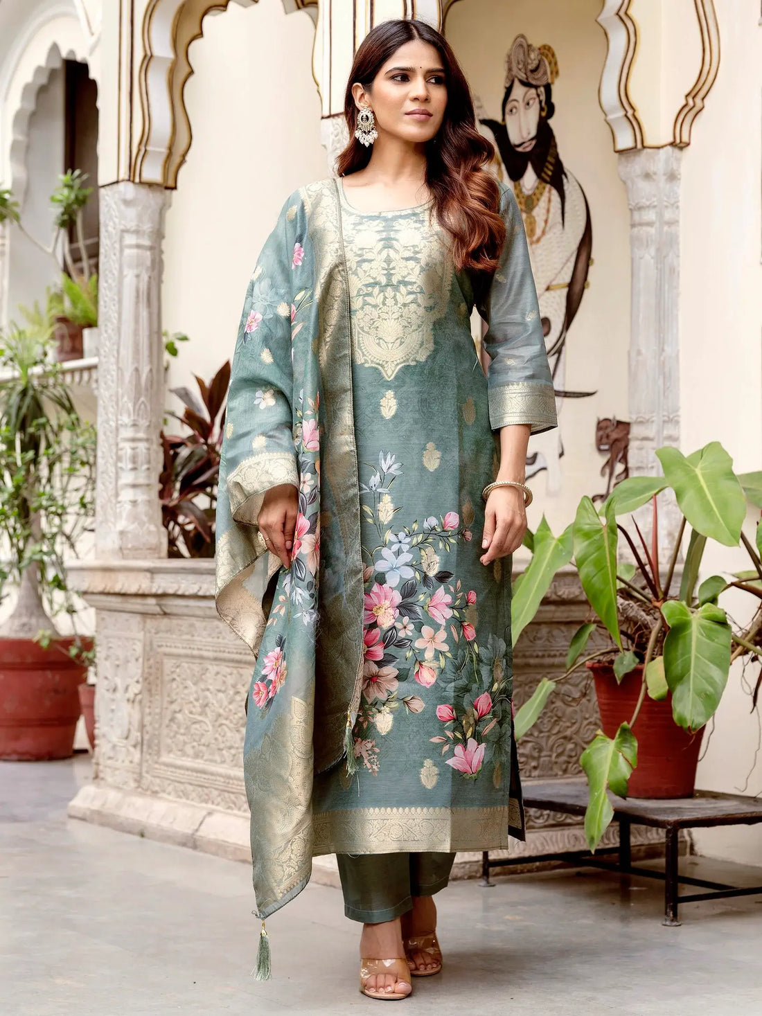 Awesome Grey Zari Weaving Chanderi Silk Function Wear Pant Suit With Dupatta - Zeel Clothing