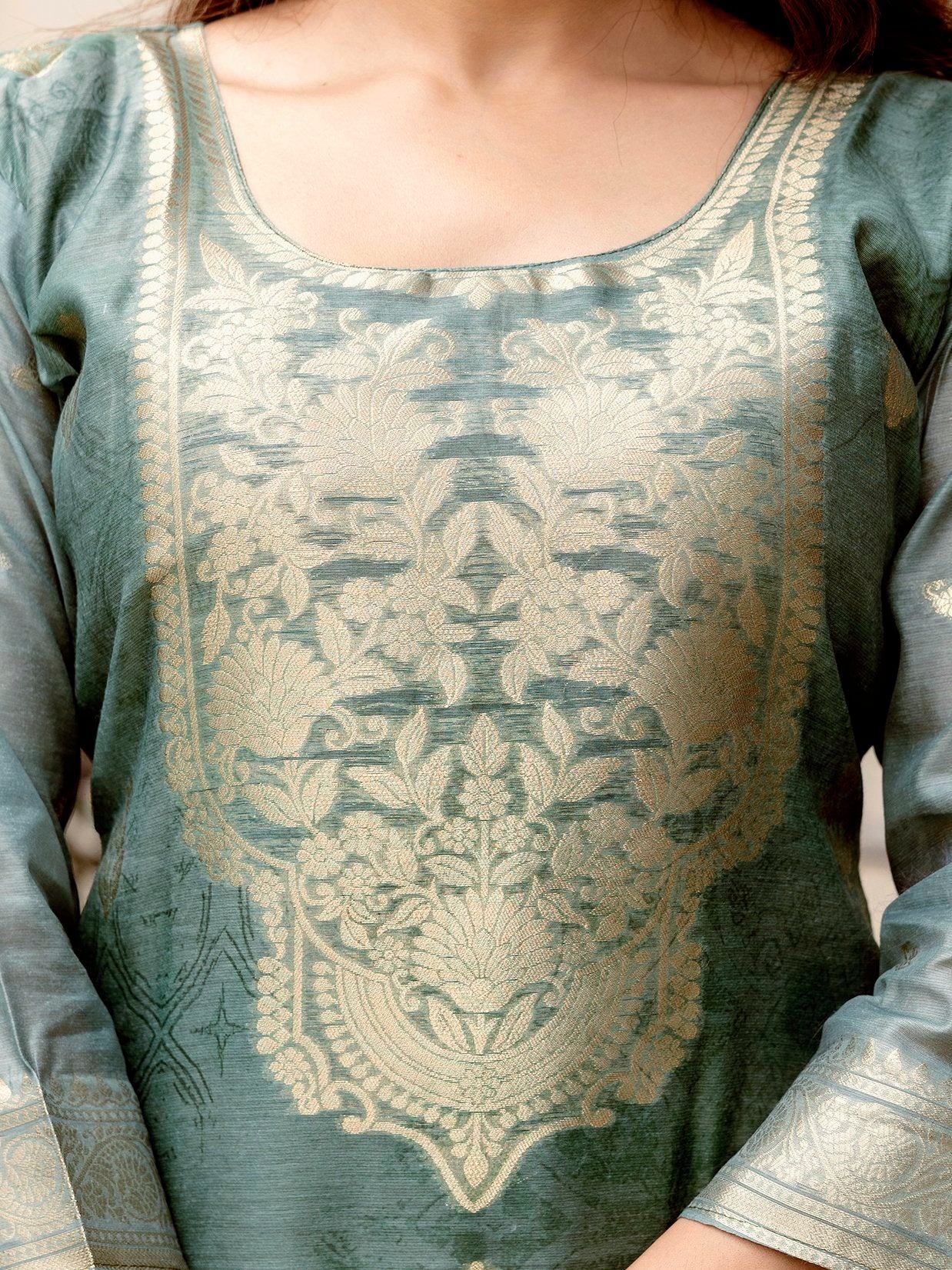 Awesome Grey Zari Weaving Chanderi Silk Function Wear Pant Suit With Dupatta - Zeel Clothing