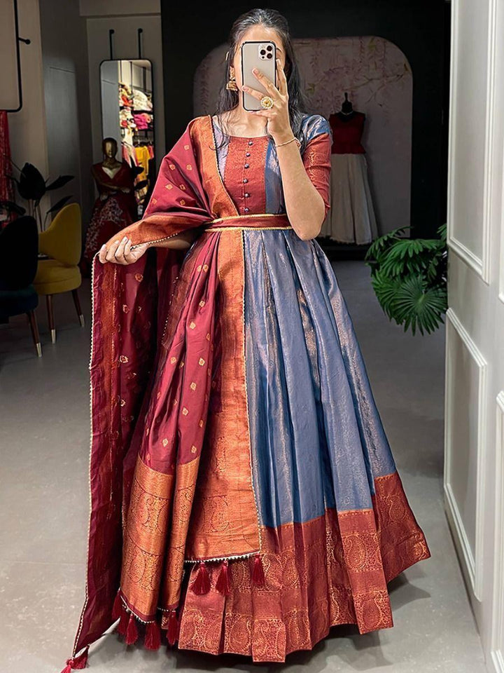 Awesome Grey Zari Weaving Silk Reception Wear Gown With Dupatta