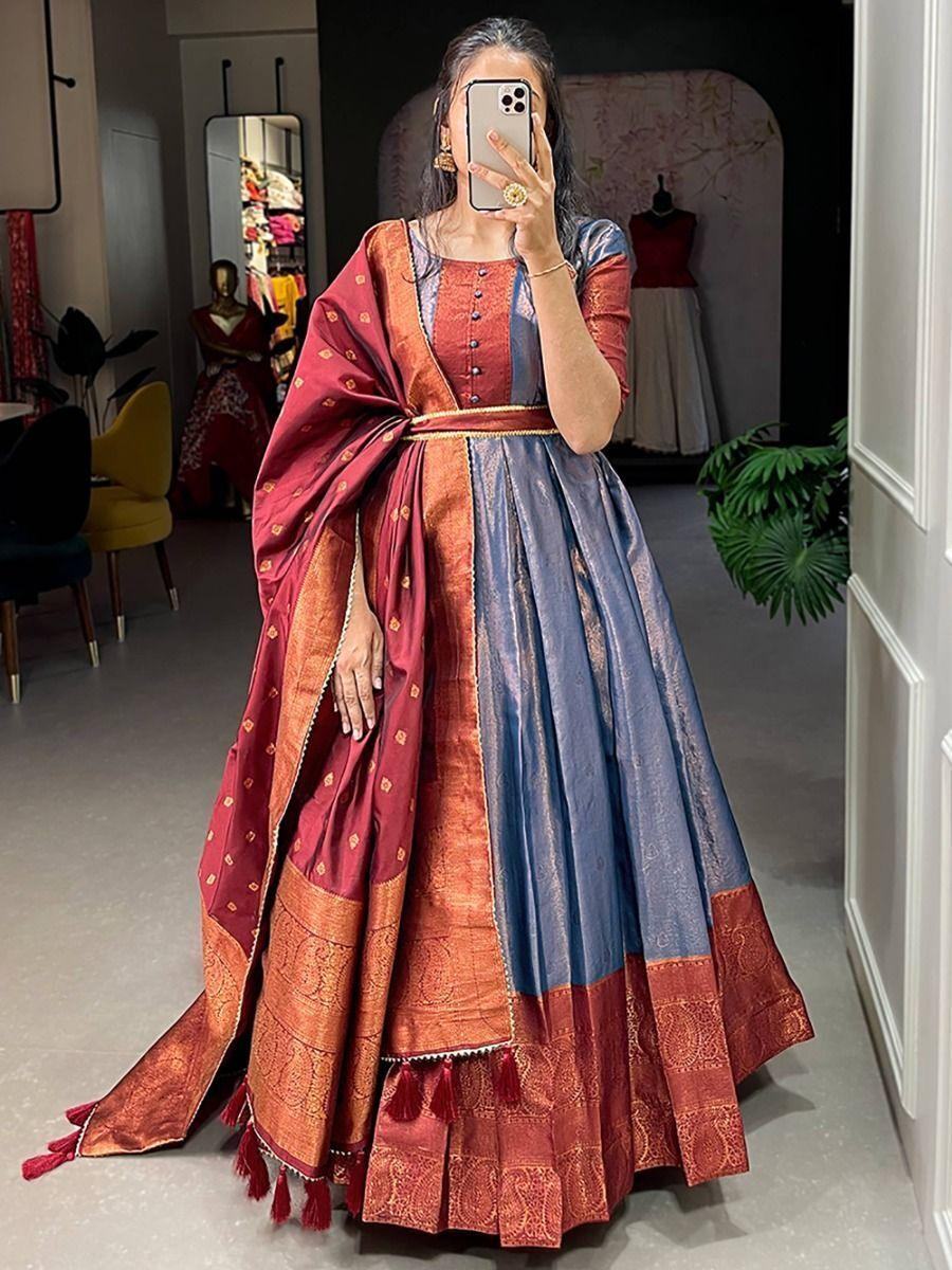 Awesome Grey Zari Weaving Silk Reception Wear Gown With Dupatta