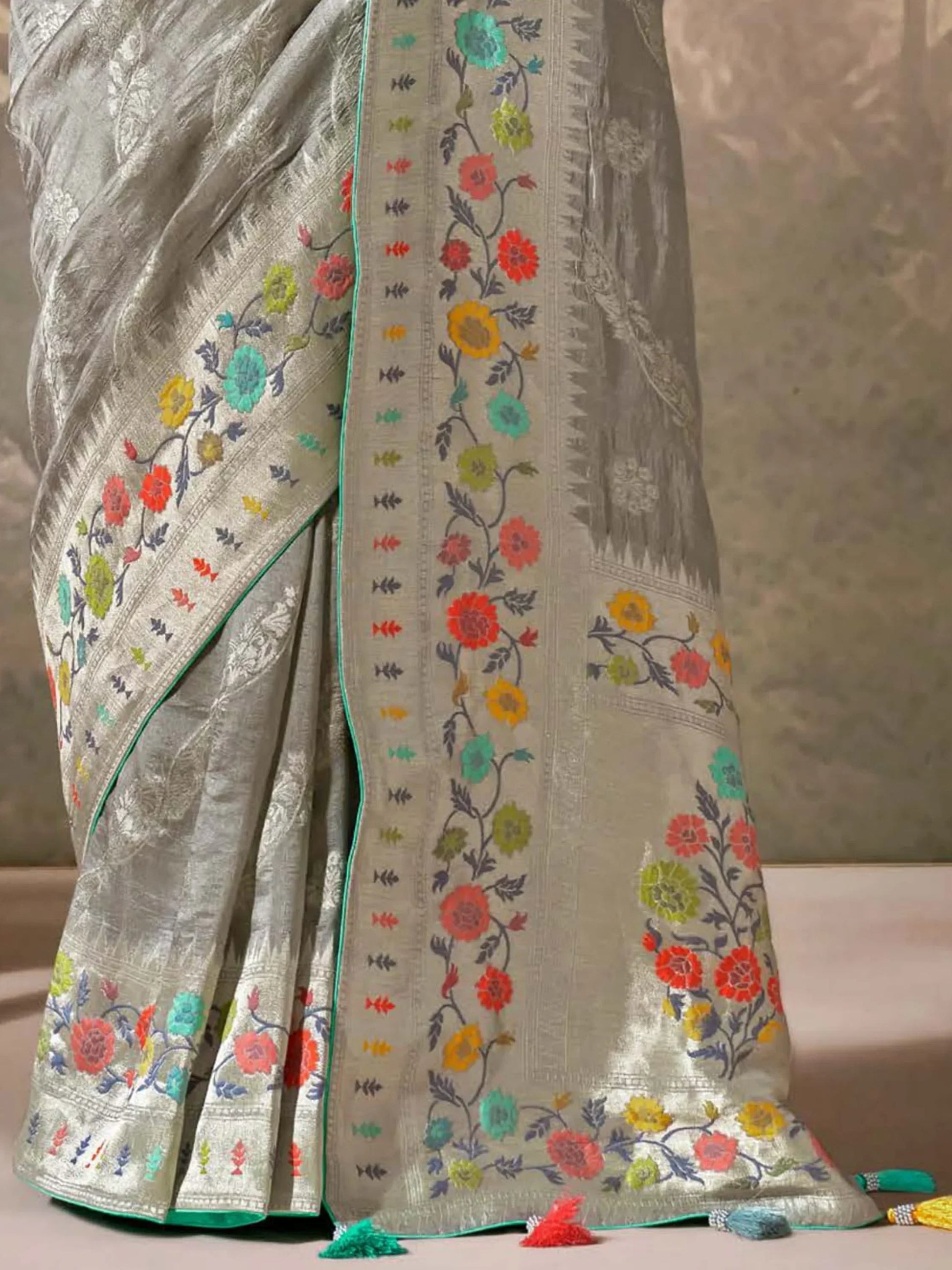 Awesome Grey Zari Weaving Silk Traditional Saree With Blouse - Zeel Clothing
