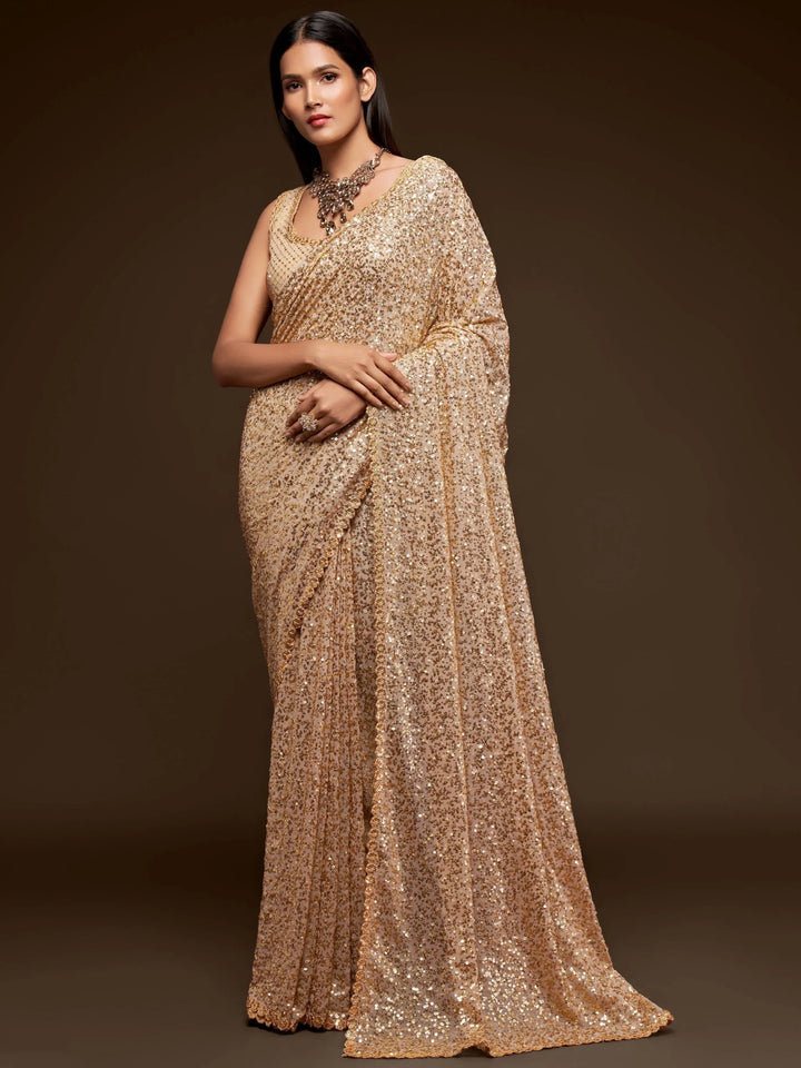 Awesome Ivory Sequined Georgette Party Wear Saree