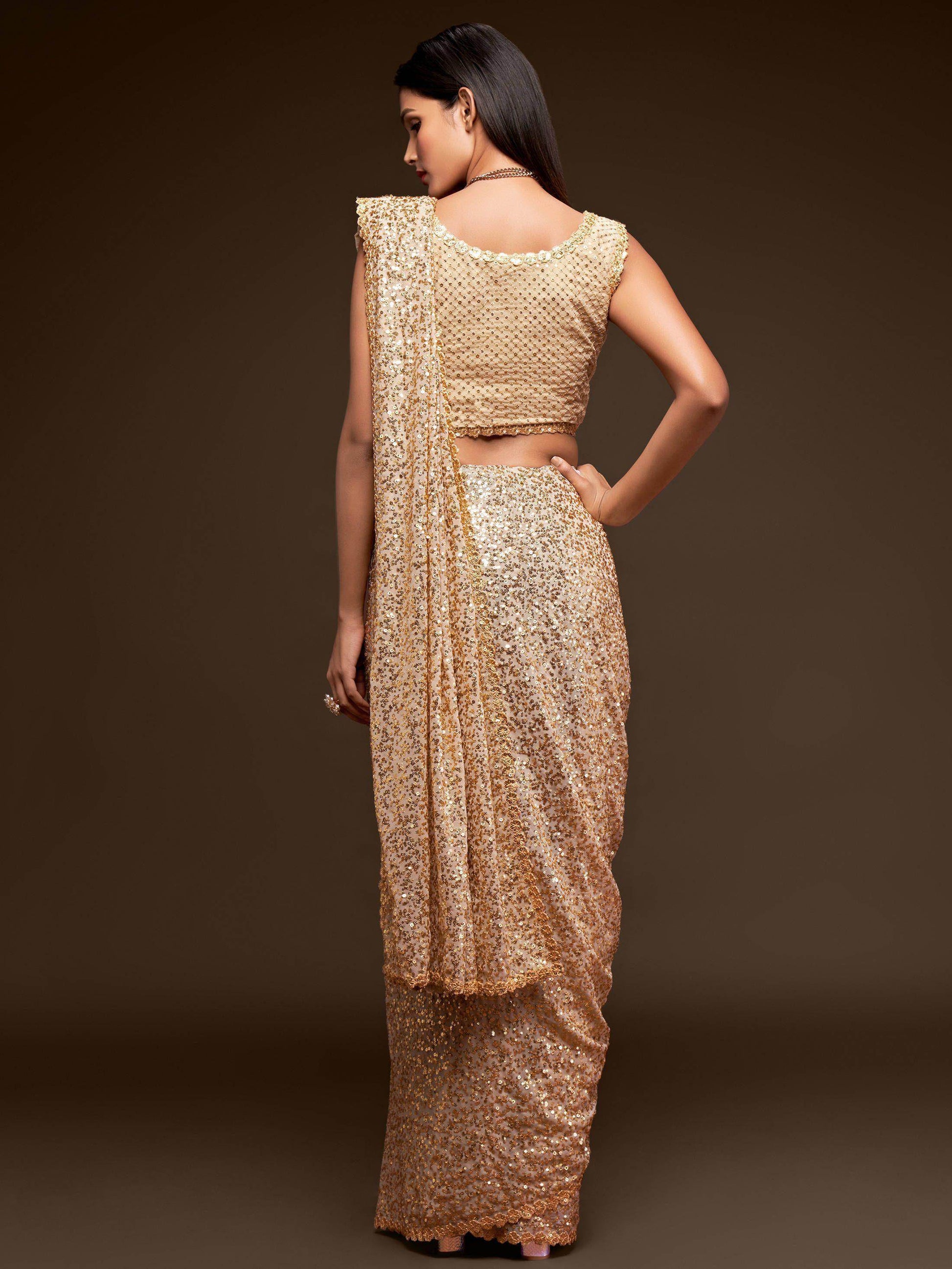 Awesome Ivory Sequined Georgette Party Wear Saree - Zeel Clothing