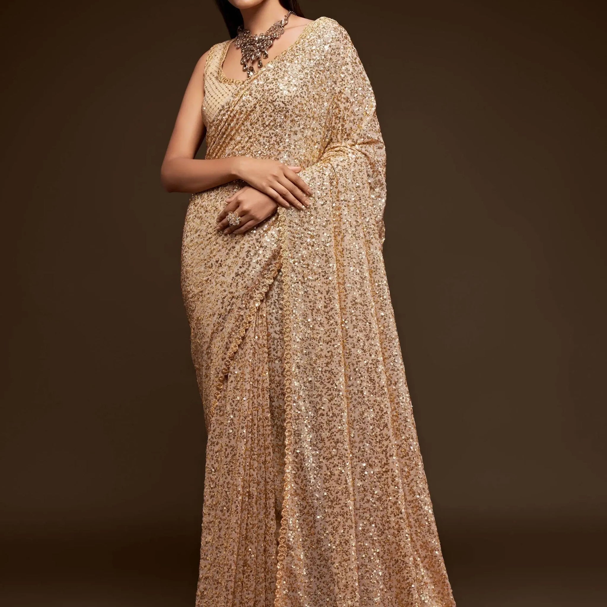 Awesome Ivory Sequined Georgette Party Wear Saree - Zeel Clothing