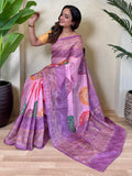 Awesome Lavender Bandhni Printed Tissue Silk Saree With Yellow Blouse - Zeel Clothing