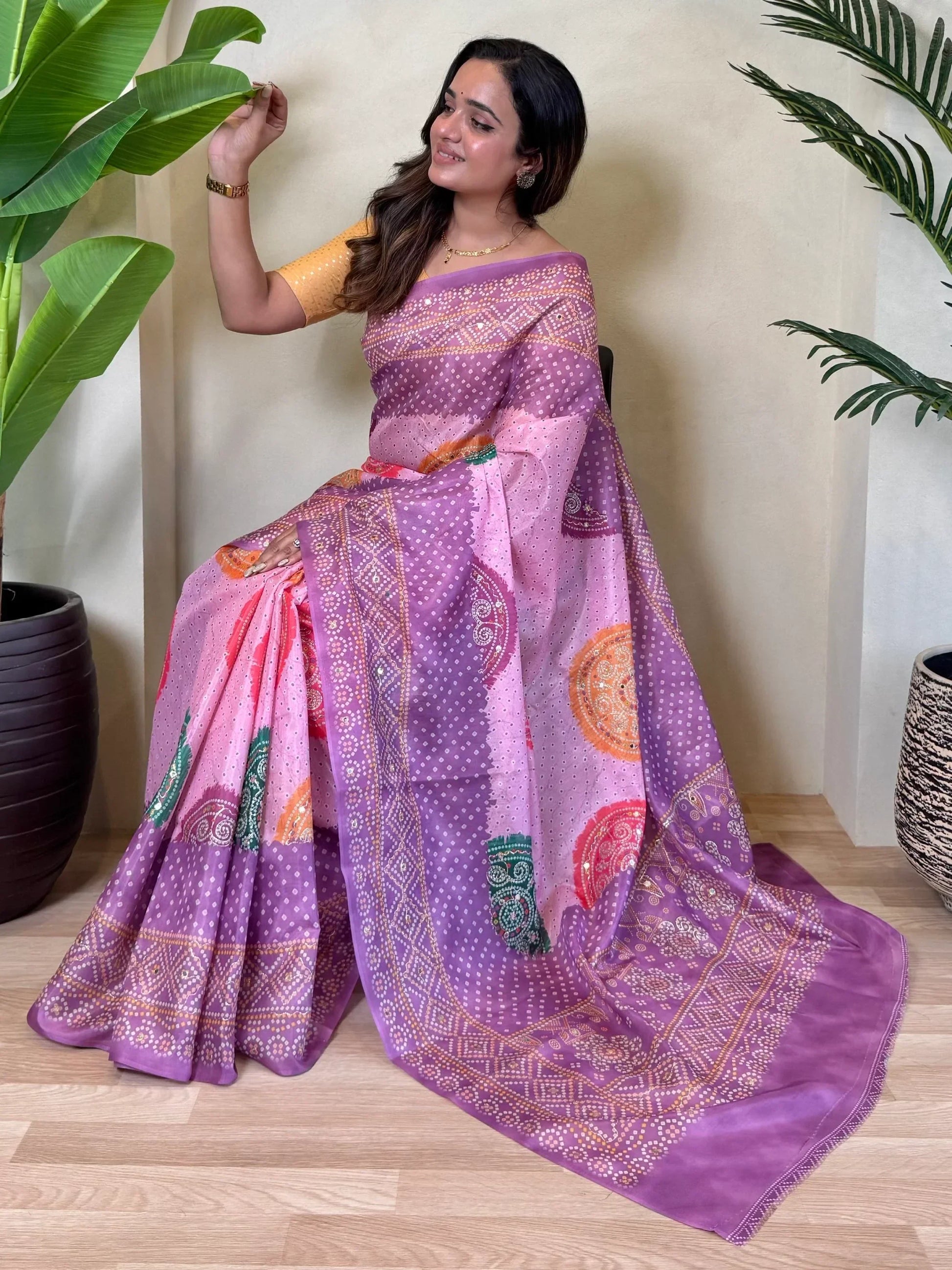 Awesome Lavender Bandhni Printed Tissue Silk Saree With Yellow Blouse - Zeel Clothing