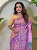Awesome Lavender Bandhni Printed Tissue Silk Saree With Yellow Blouse - Zeel Clothing