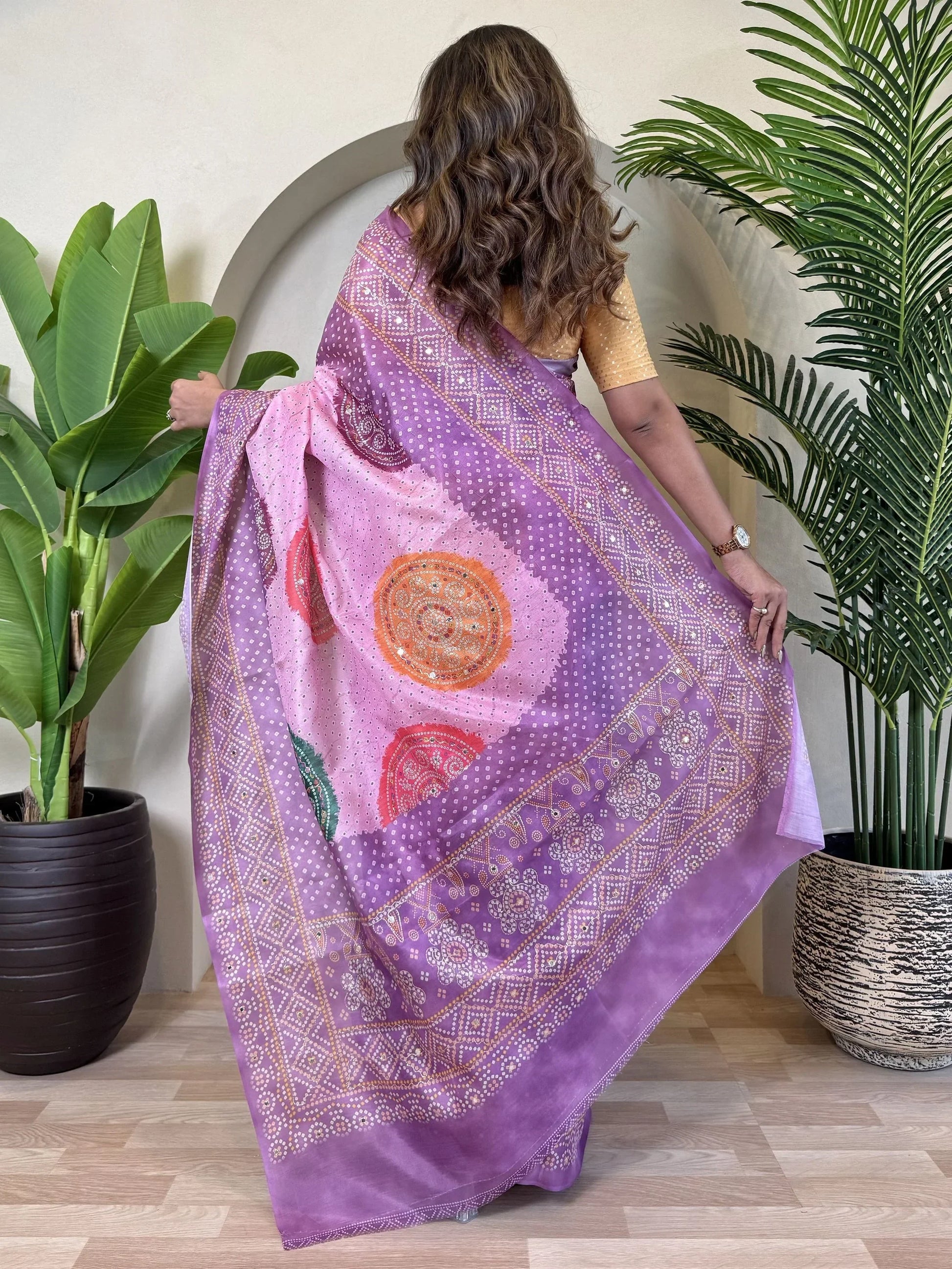 Awesome Lavender Bandhni Printed Tissue Silk Saree With Yellow Blouse - Zeel Clothing