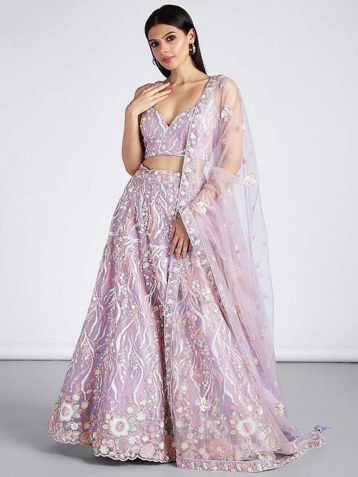 Awesome Lavender Embroidered Net Lehenga Choli With Dupatta