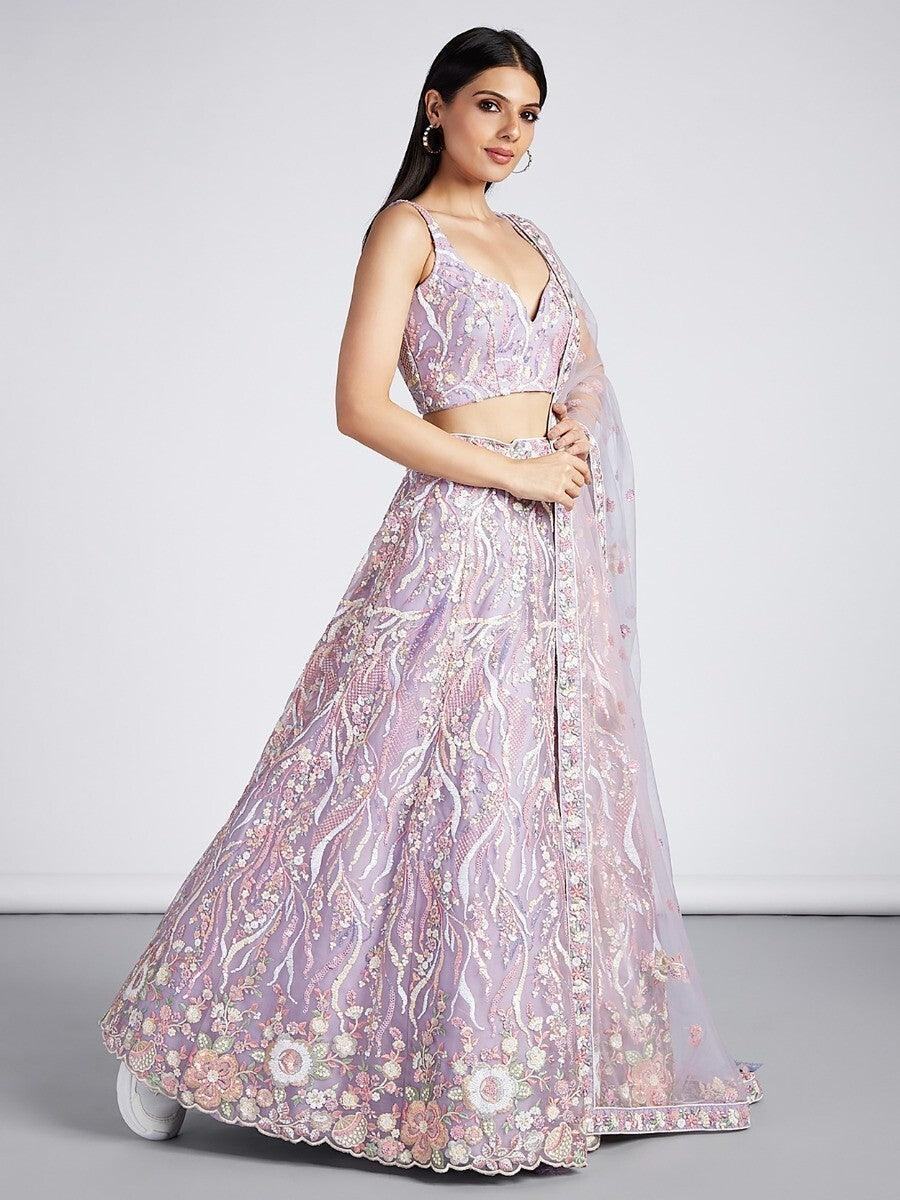 Awesome Lavender Embroidered Net Lehenga Choli With Dupatta