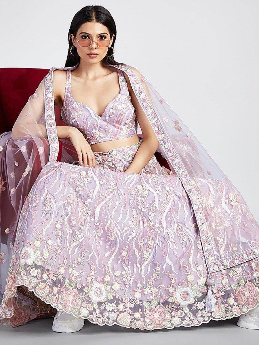 Awesome Lavender Embroidered Net Lehenga Choli With Dupatta - Zeel Clothing