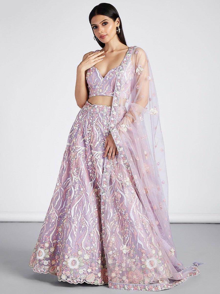 Awesome Lavender Embroidered Net Lehenga Choli With Dupatta - Zeel Clothing