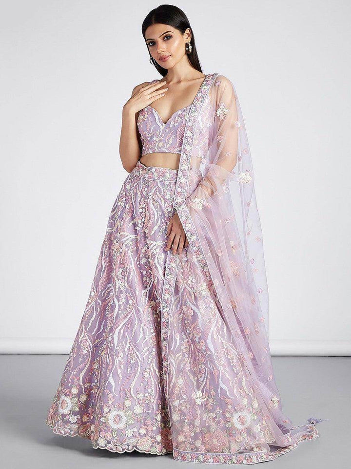 Awesome Lavender Embroidered Net Lehenga Choli With Dupatta - Zeel Clothing