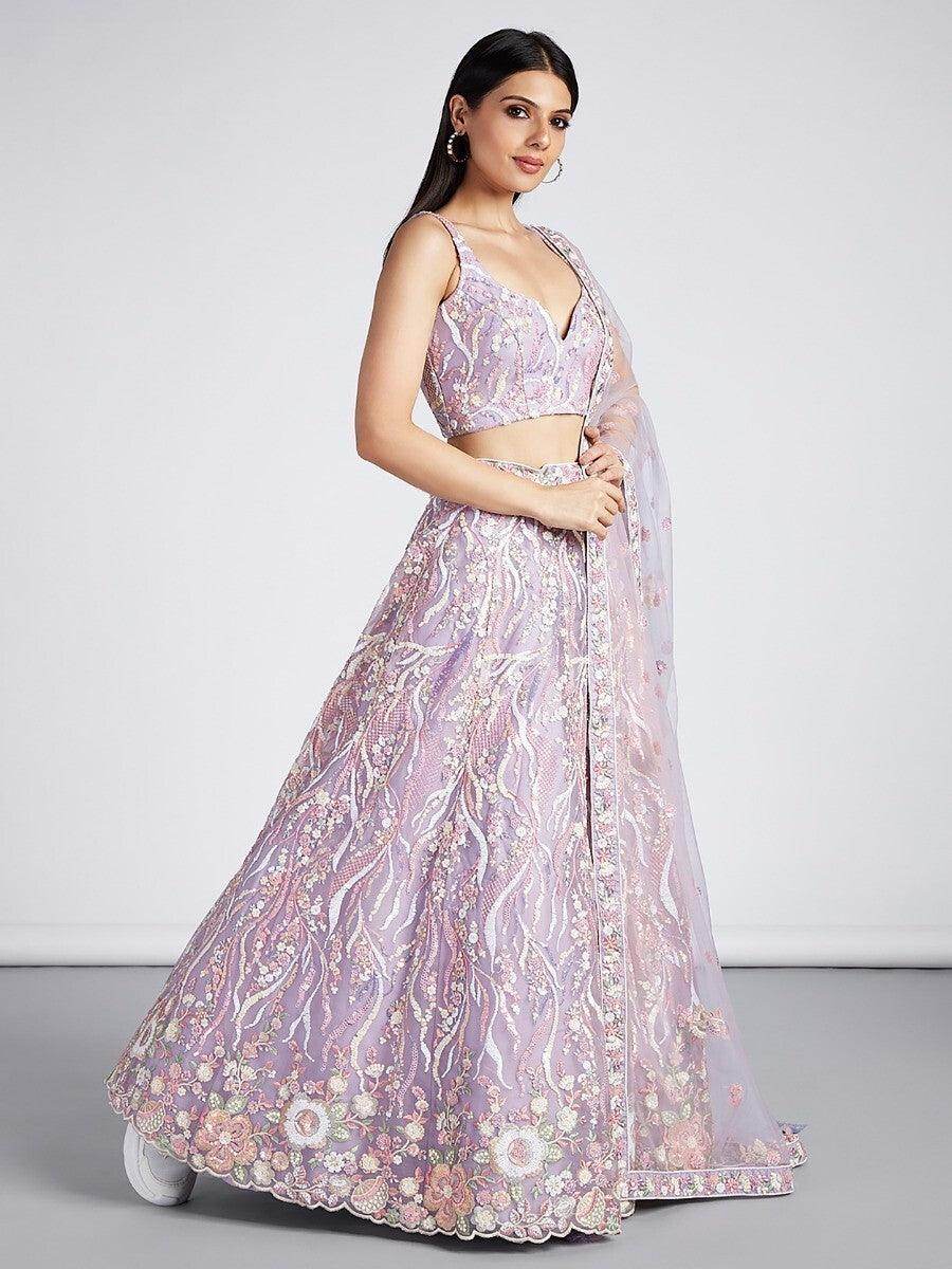 Awesome Lavender Embroidered Net Lehenga Choli With Dupatta - Zeel Clothing