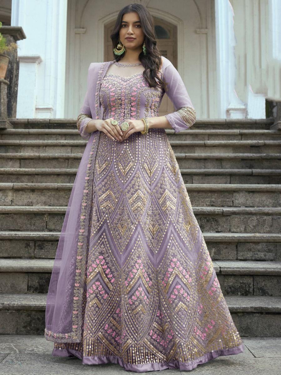 Awesome Lavender Embroidered Net Weeding Wear Anarkali Suit - Zeel Clothing