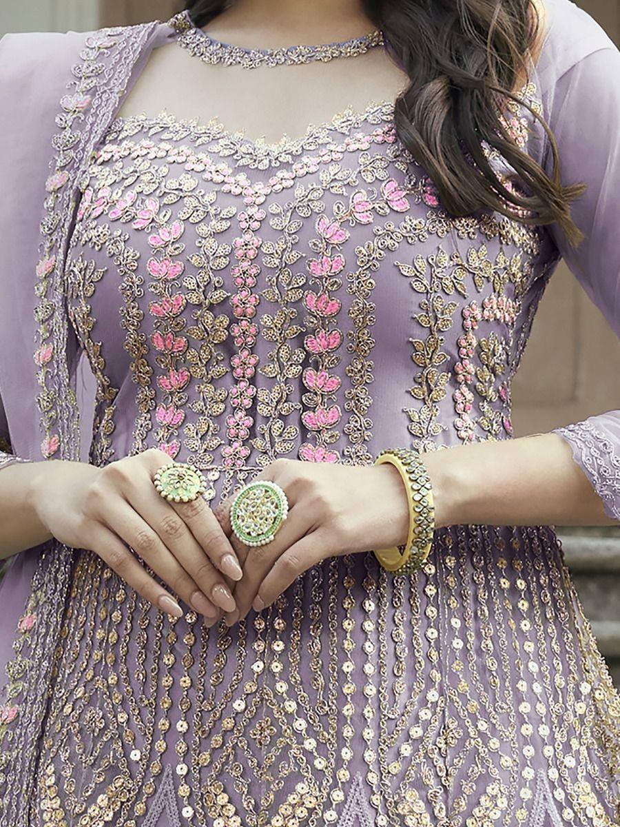 Awesome Lavender Embroidered Net Weeding Wear Anarkali Suit - Zeel Clothing