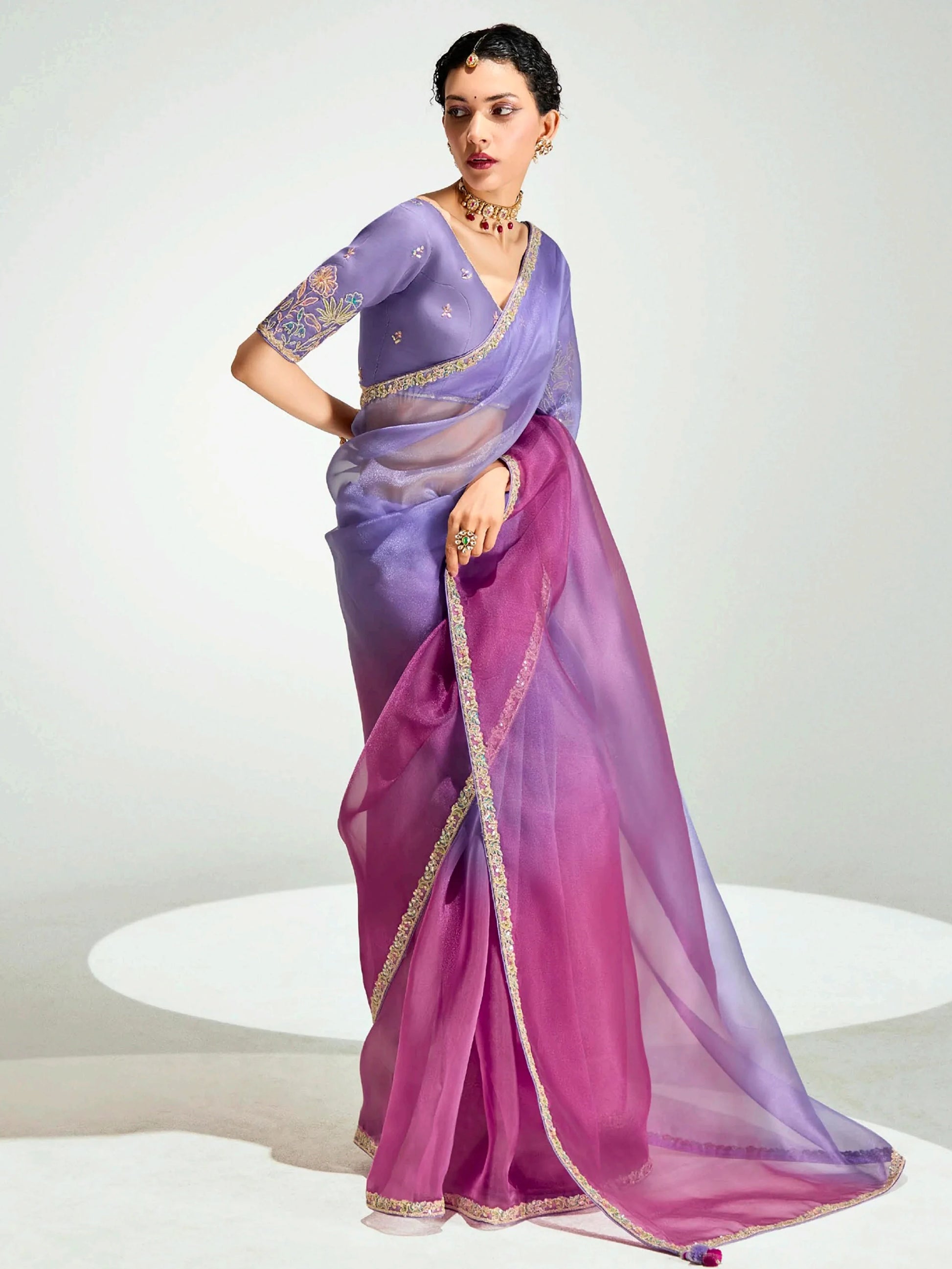 Awesome Lavender Thread Border Work Organza Party Wear Saree With Blouse - Zeel Clothing