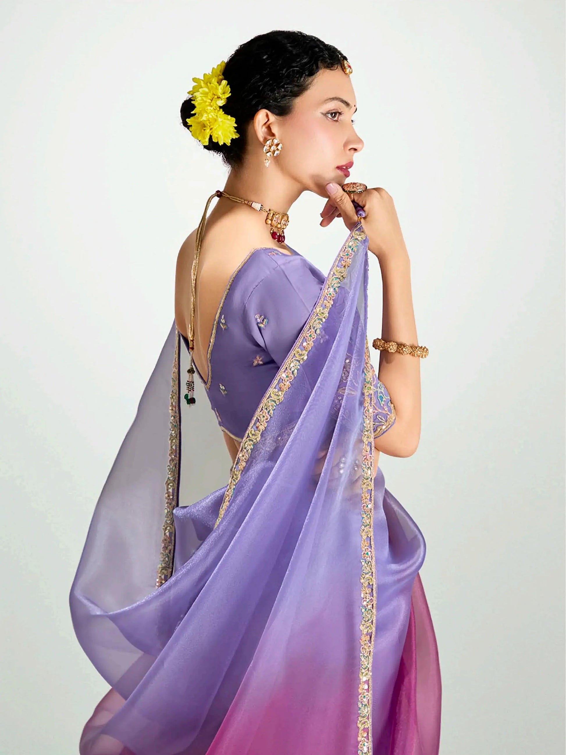 Awesome Lavender Thread Border Work Organza Party Wear Saree With Blouse - Zeel Clothing