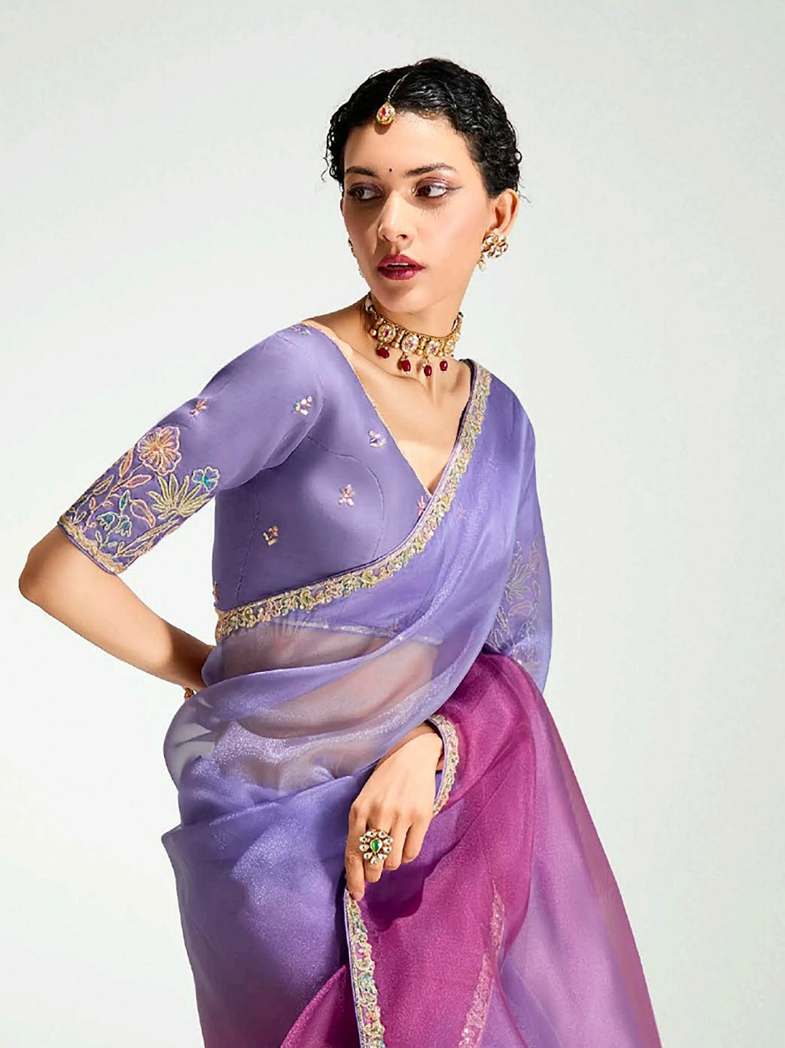 Awesome Lavender Thread Border Work Organza Party Wear Saree With Blouse - Zeel Clothing