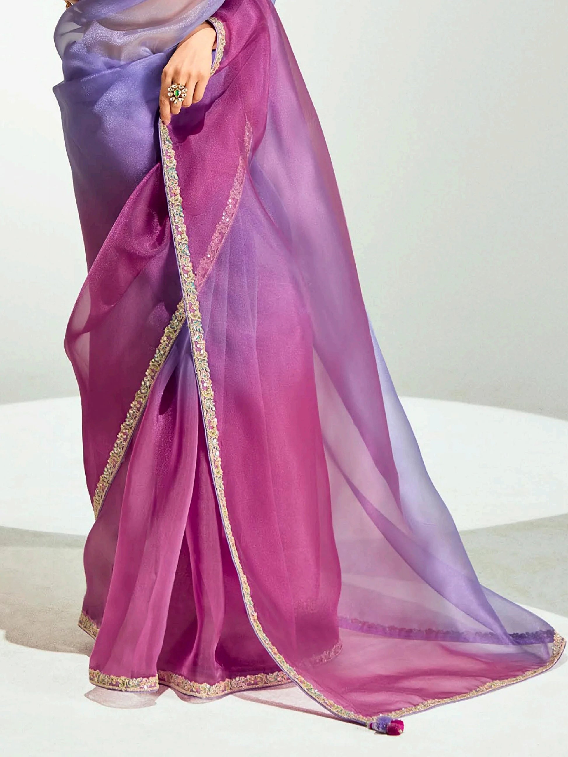 Awesome Lavender Thread Border Work Organza Party Wear Saree With Blouse - Zeel Clothing