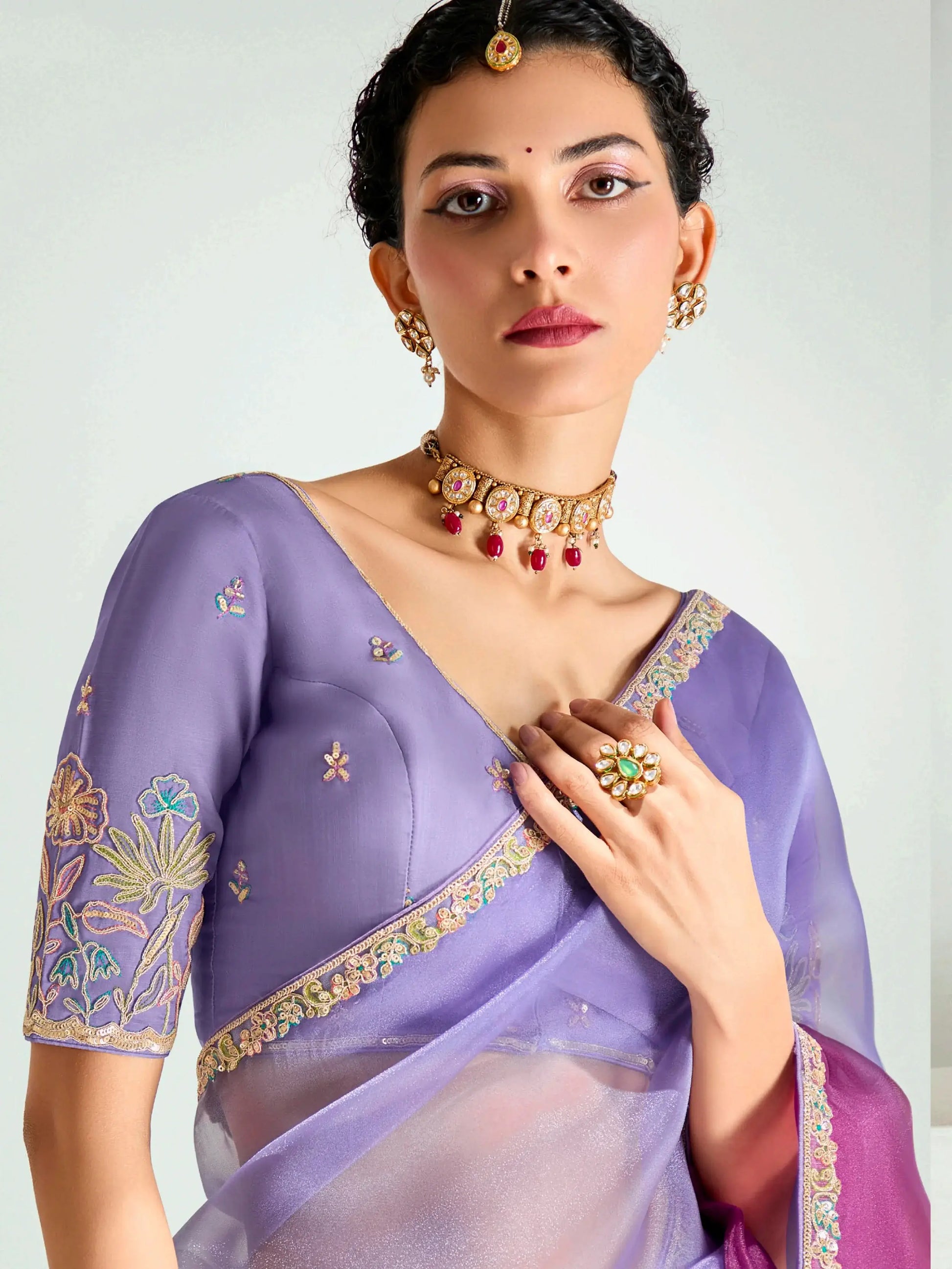 Awesome Lavender Thread Border Work Organza Party Wear Saree With Blouse - Zeel Clothing