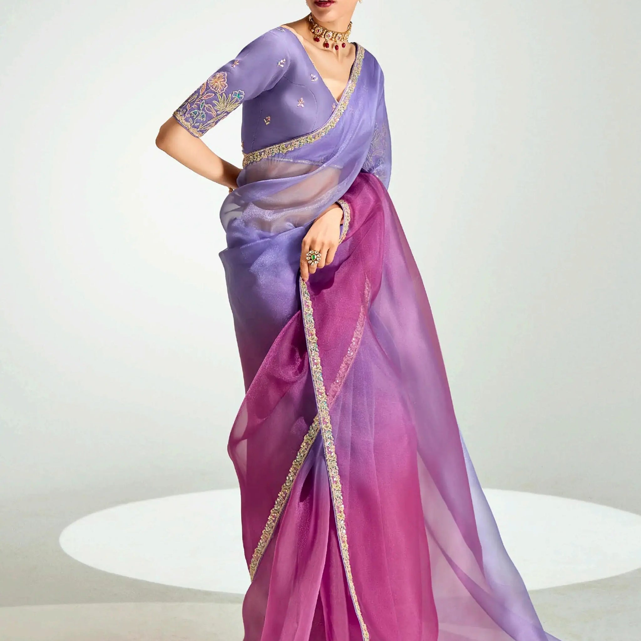 Awesome Lavender Thread Border Work Organza Party Wear Saree With Blouse - Zeel Clothing