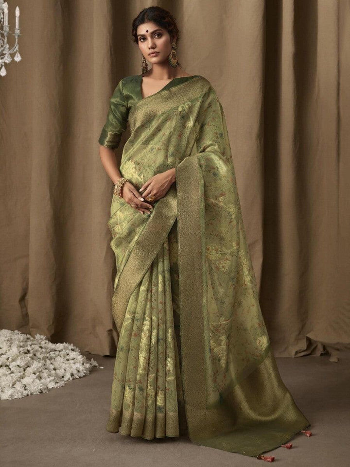 Awesome Light Green Zari Weaving Jacquard Reception Wear Saree