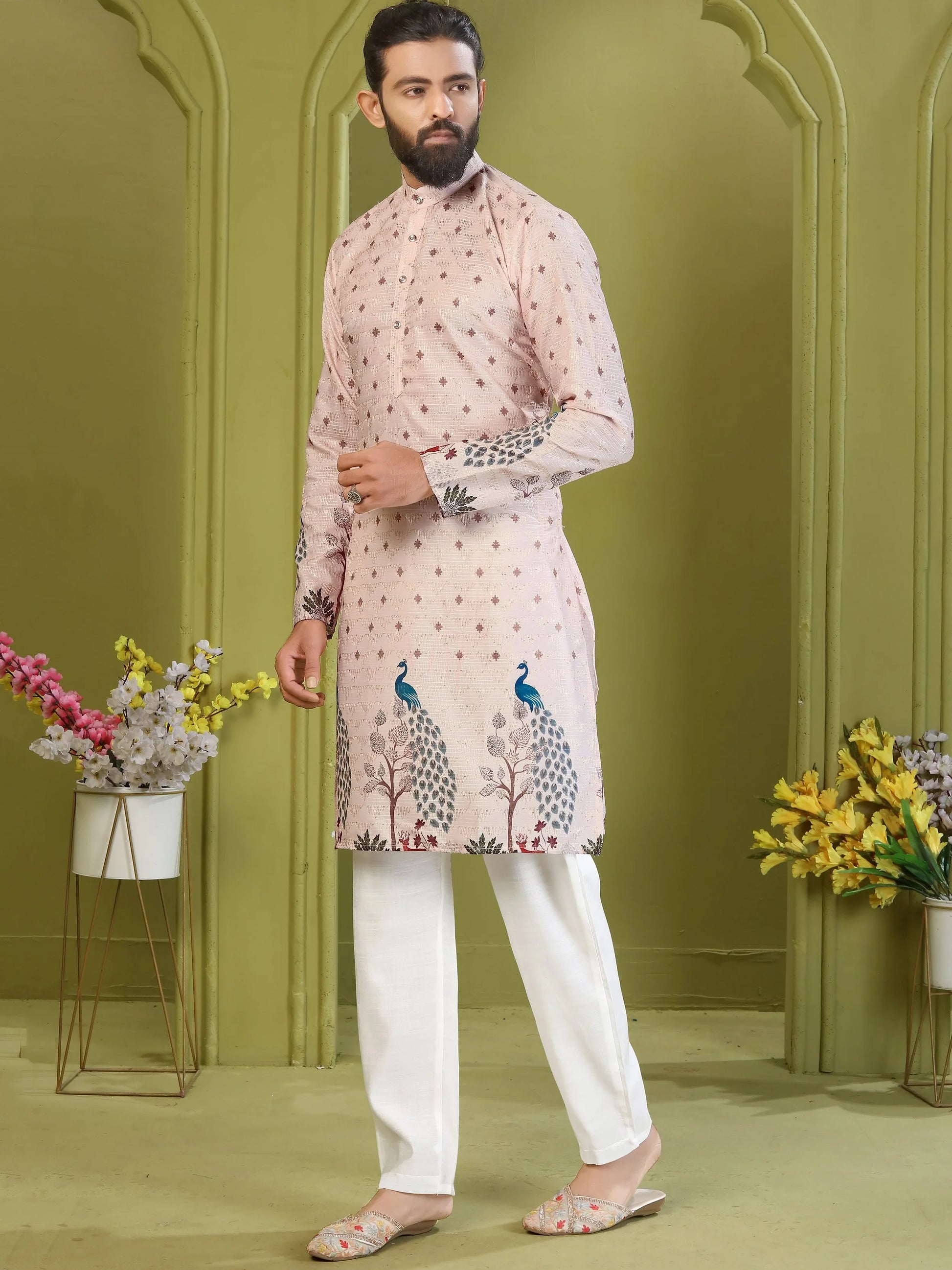Awesome Light Pink Digital Printed Rayon Event Wear Men's Kurta