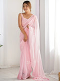 Awesome Light Pink Sequins Work Georgette Engagement Wear Saree - Zeel Clothing