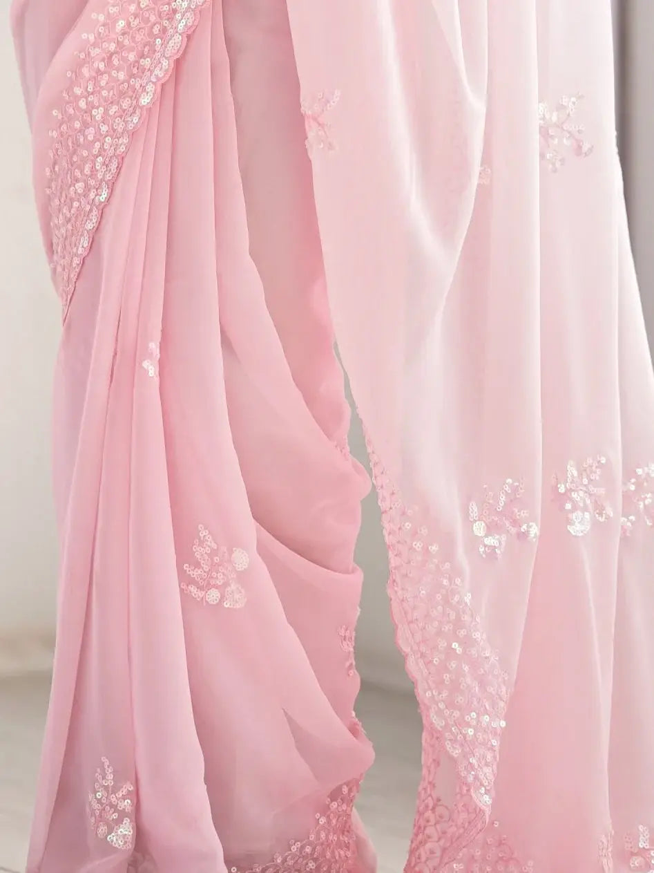 Awesome Light Pink Sequins Work Georgette Engagement Wear Saree - Zeel Clothing