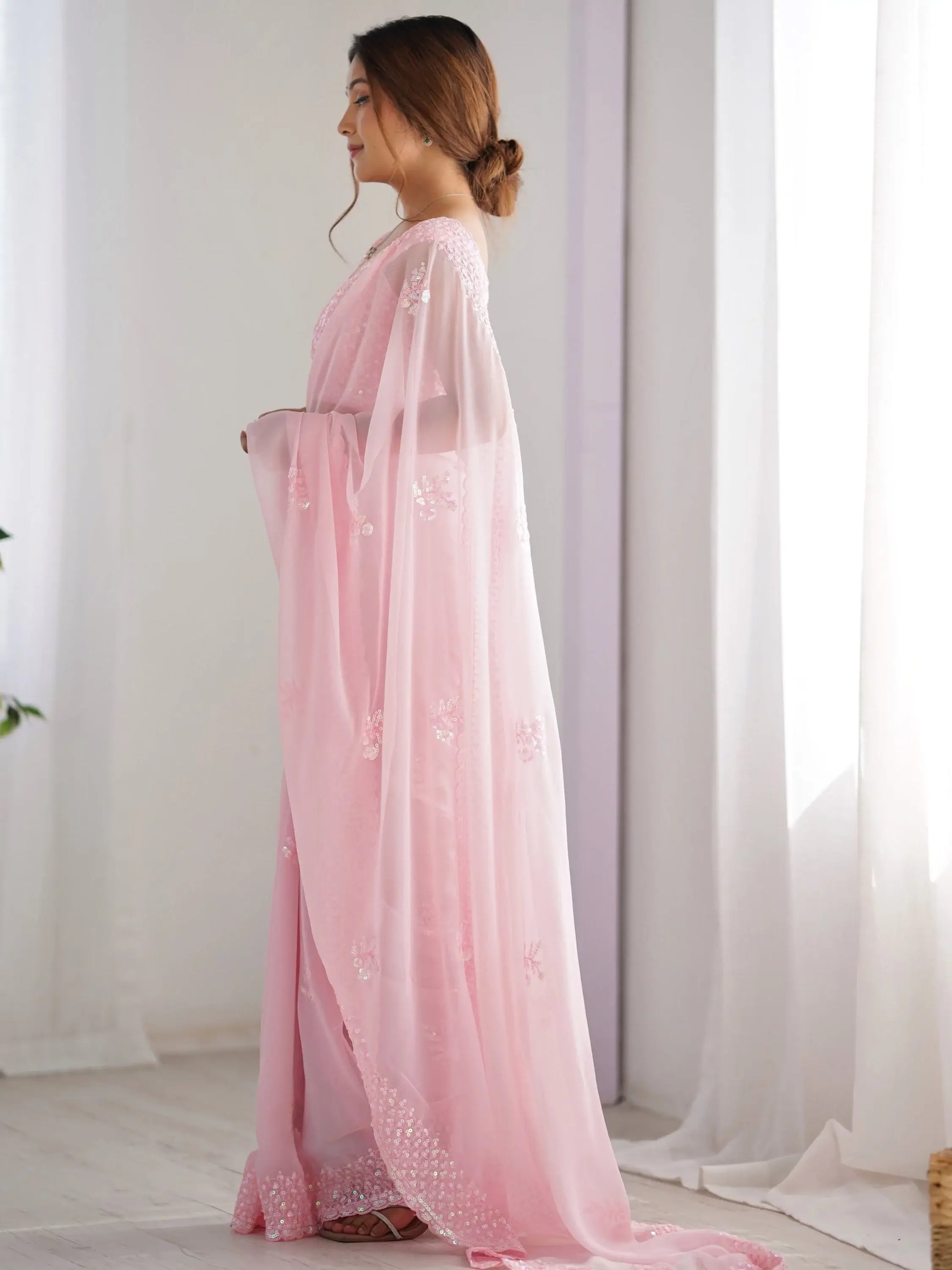 Awesome Light Pink Sequins Work Georgette Engagement Wear Saree - Zeel Clothing