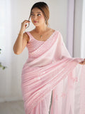 Awesome Light Pink Sequins Work Georgette Engagement Wear Saree - Zeel Clothing