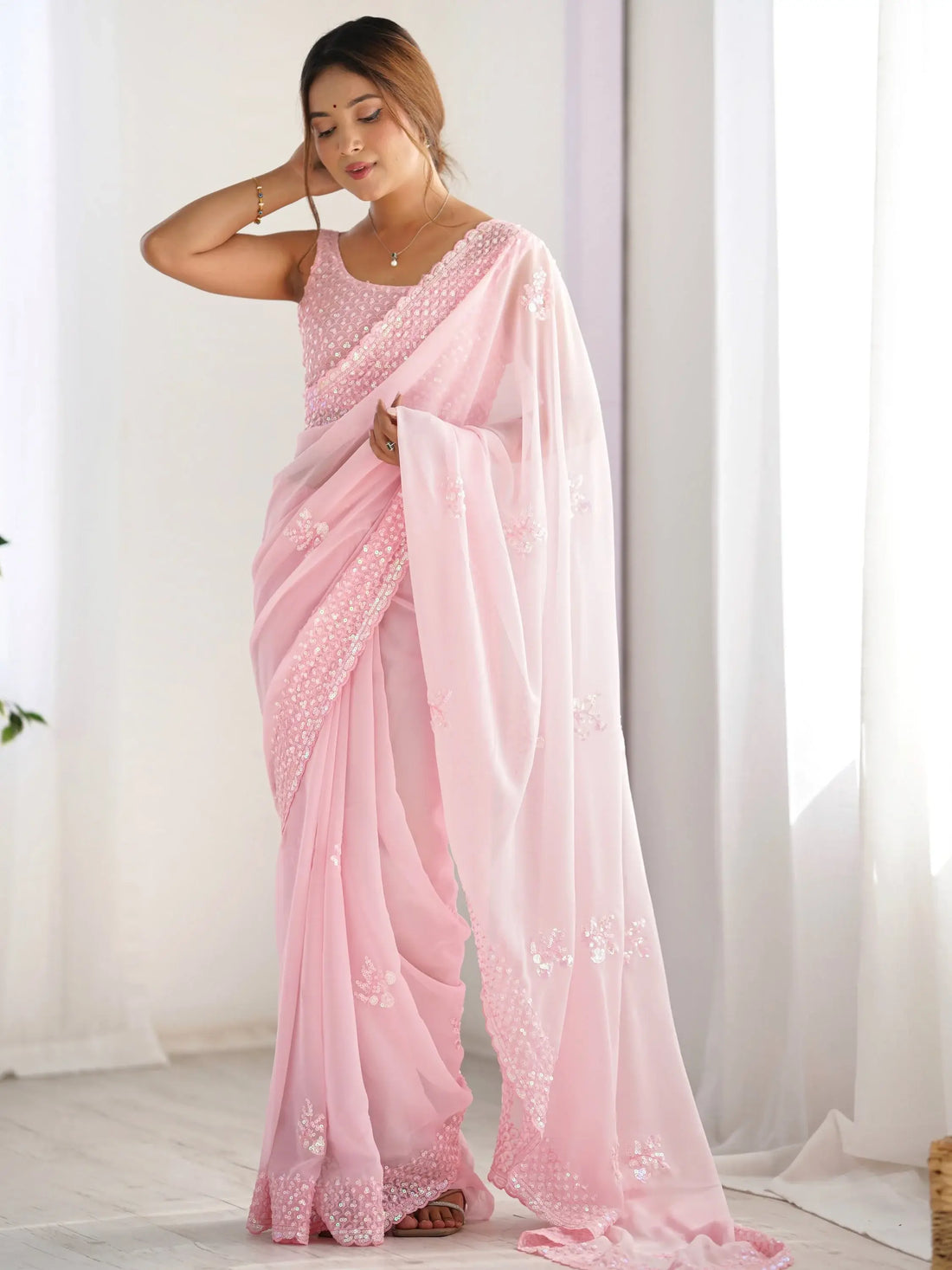Awesome Light Pink Sequins Work Georgette Engagement Wear Saree - Zeel Clothing