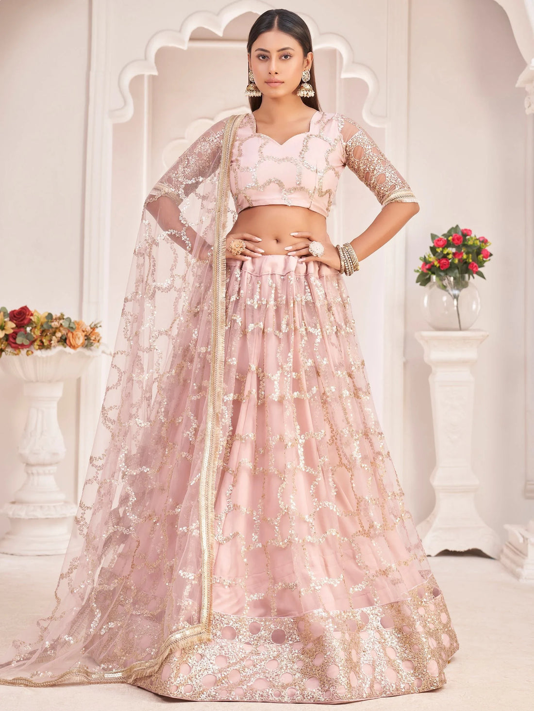 Awesome Light Pink Thread Embroidered Butterfly Net Lehenga Choli - Zeel Clothing