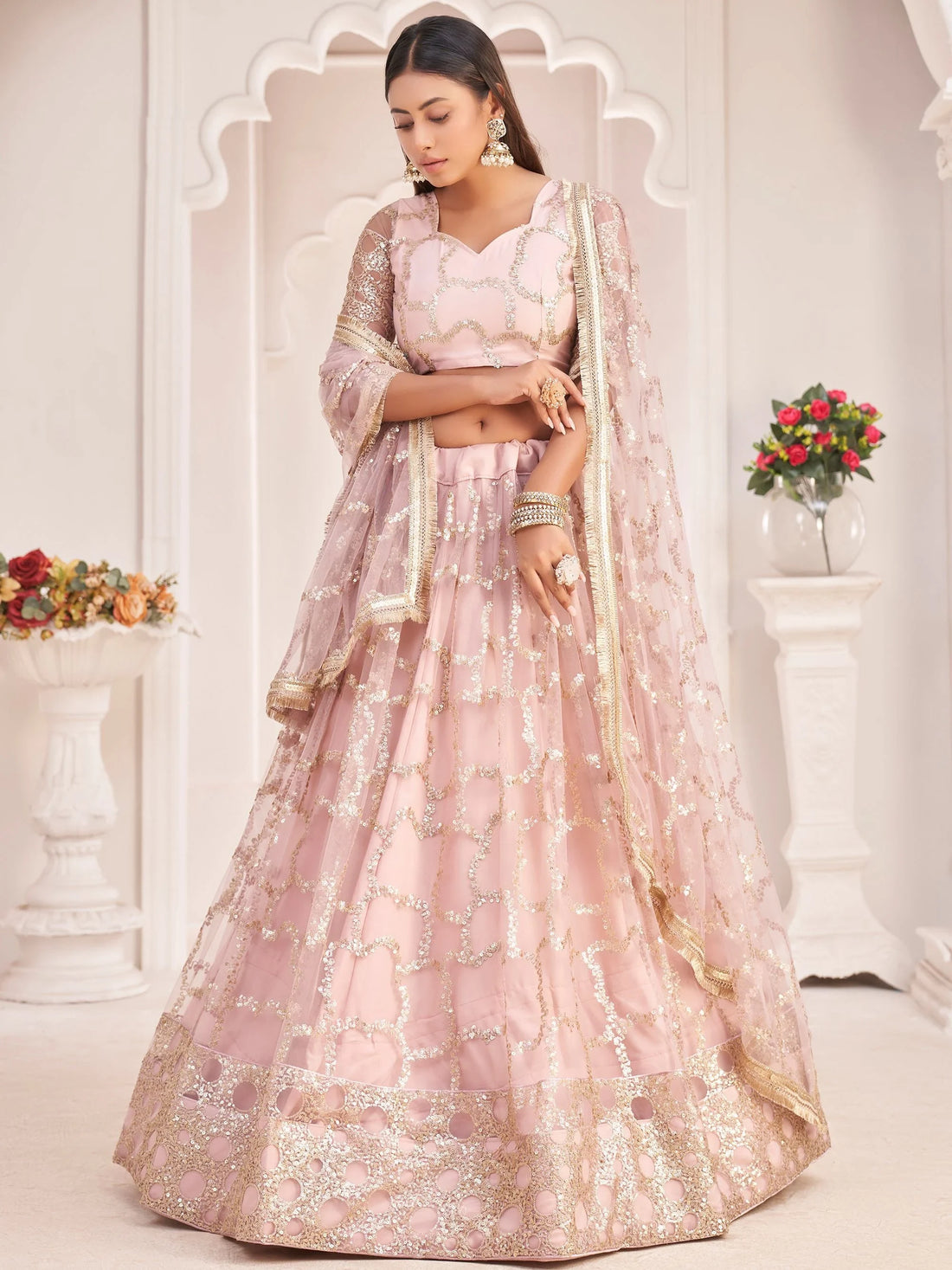 Awesome Light Pink Thread Embroidered Butterfly Net Lehenga Choli - Zeel Clothing