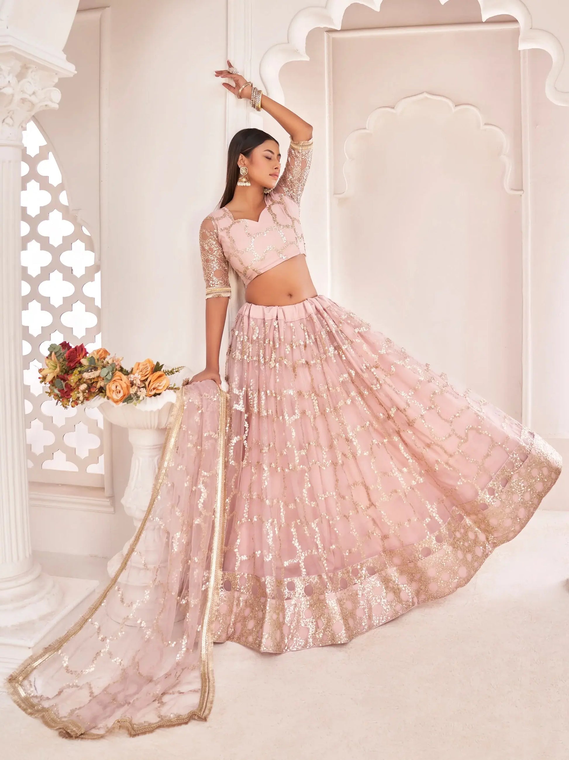 Awesome Light Pink Thread Embroidered Butterfly Net Lehenga Choli - Zeel Clothing
