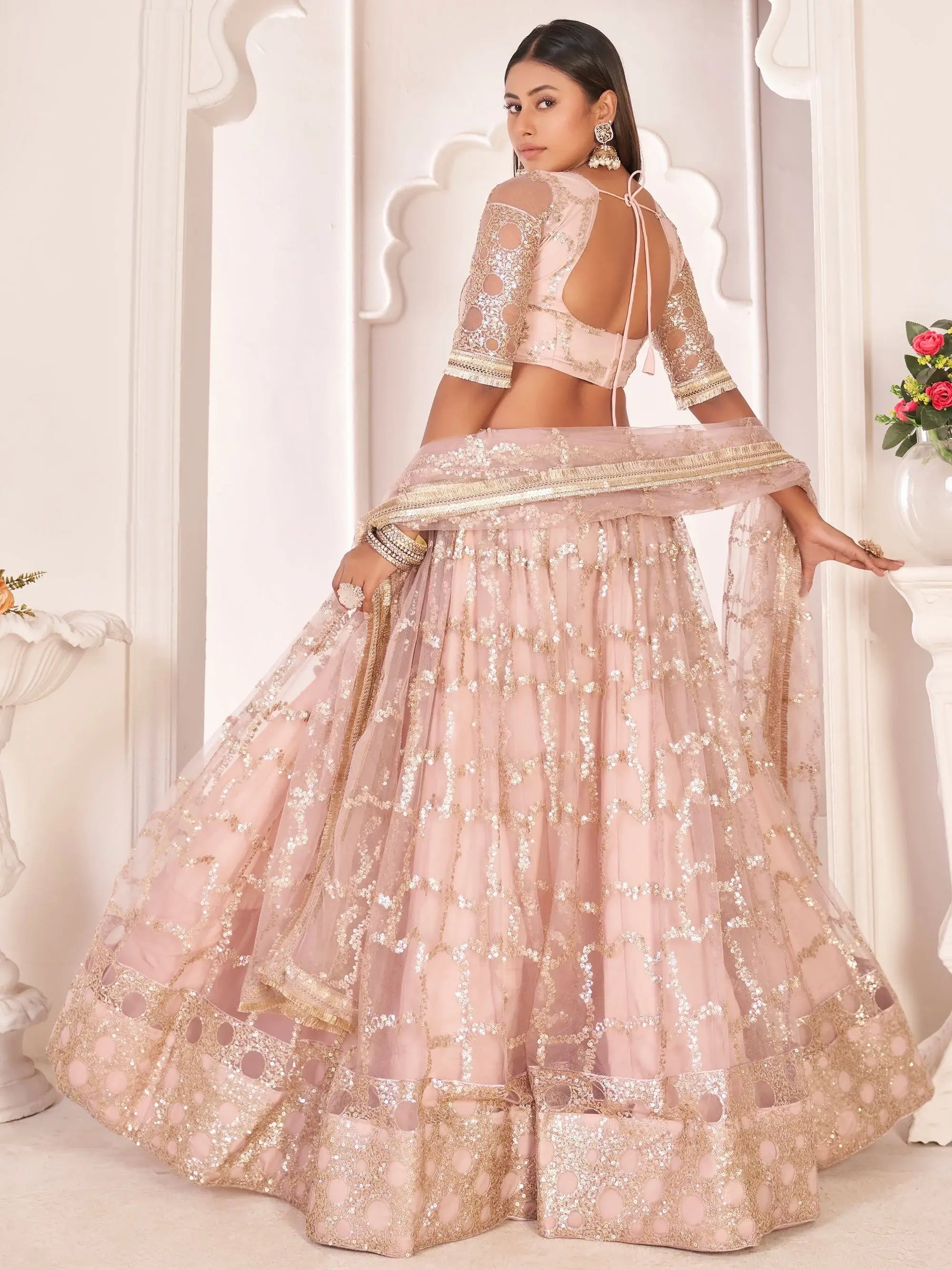 Awesome Light Pink Thread Embroidered Butterfly Net Lehenga Choli - Zeel Clothing