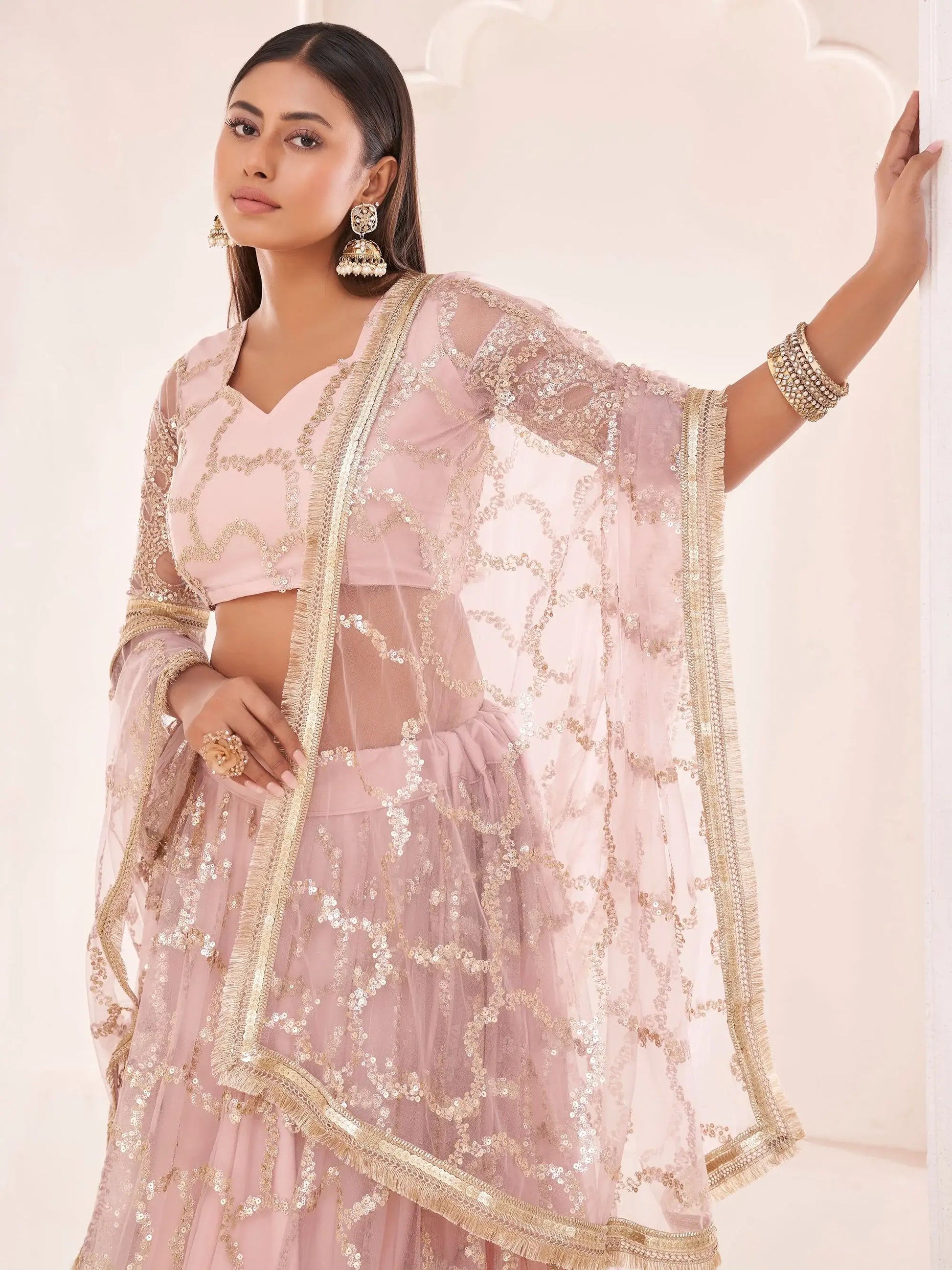 Awesome Light Pink Thread Embroidered Butterfly Net Lehenga Choli - Zeel Clothing
