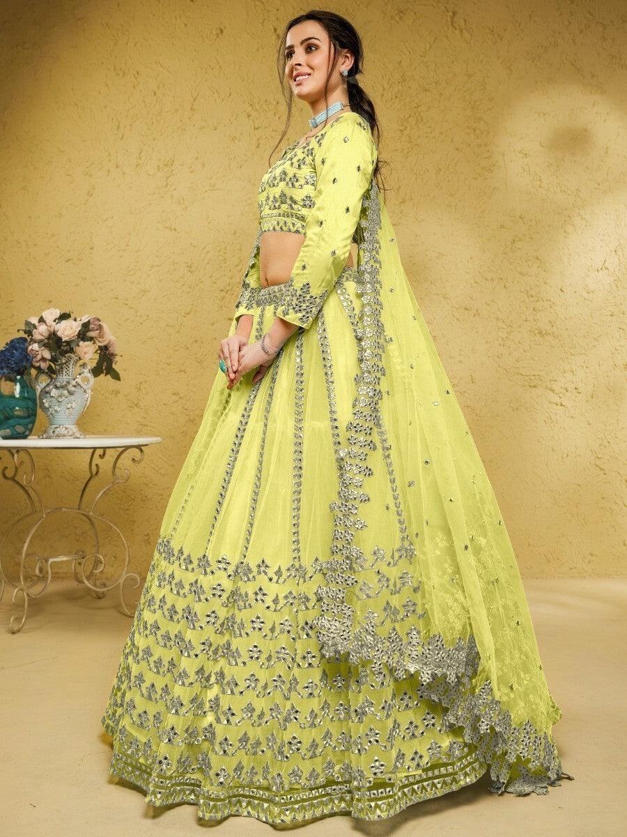 Awesome Lime Green Foil Work Net Mehendi Wear Lehenga Choli