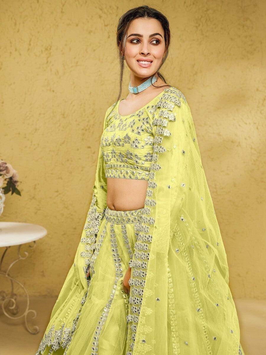 Awesome Lime Green Foil Work Net Mehendi Wear Lehenga Choli - Zeel Clothing