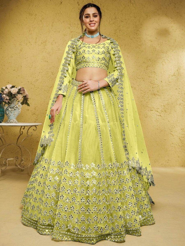 Awesome Lime Green Foil Work Net Mehendi Wear Lehenga Choli - Zeel Clothing
