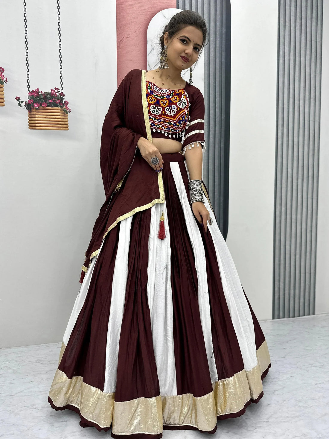 Awesome Maroon Cotton Navratri Wear Lehenga With Gamthi Work Blouse - Zeel Clothing