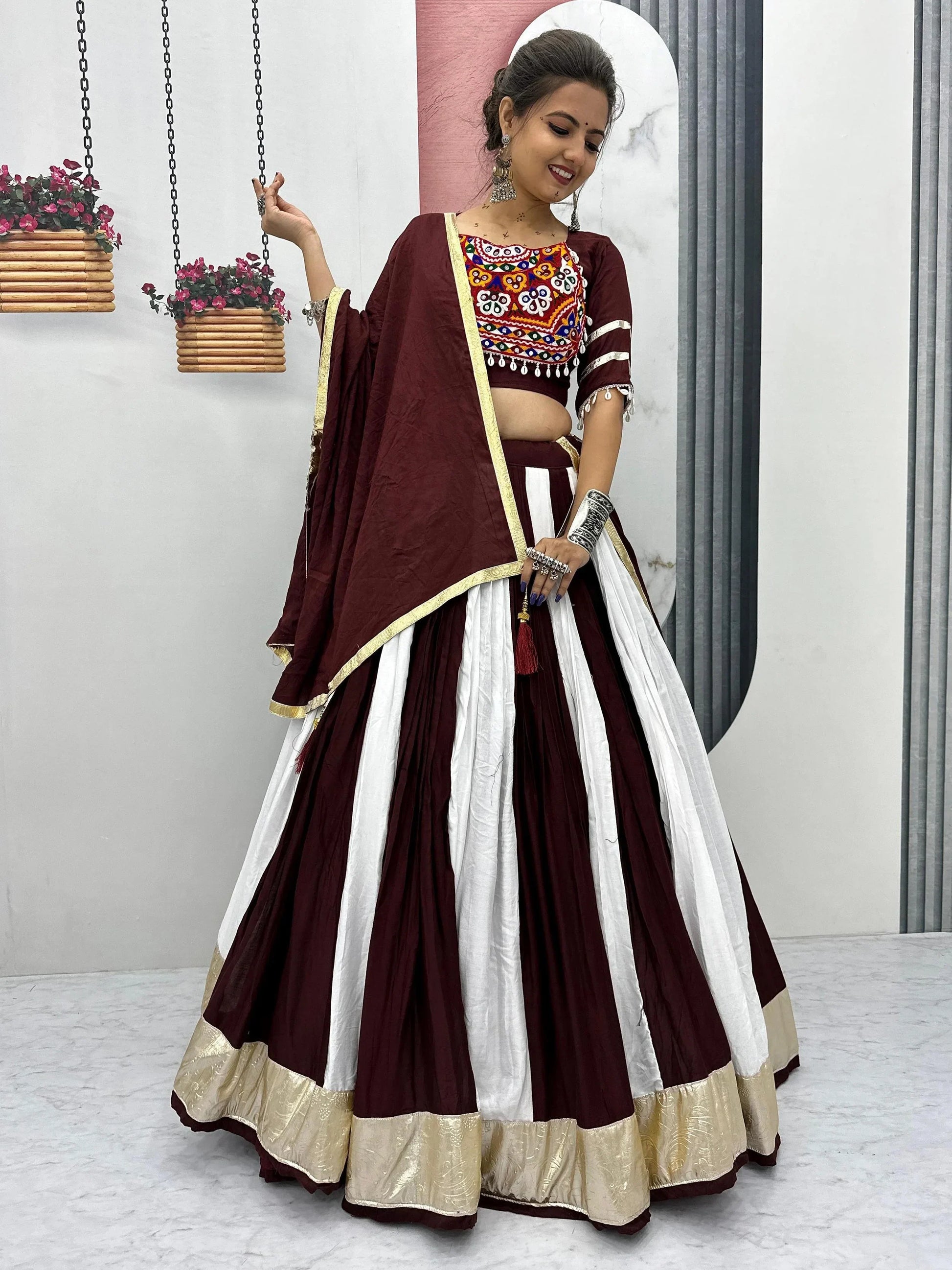 Awesome Maroon Cotton Navratri Wear Lehenga With Gamthi Work Blouse - Zeel Clothing