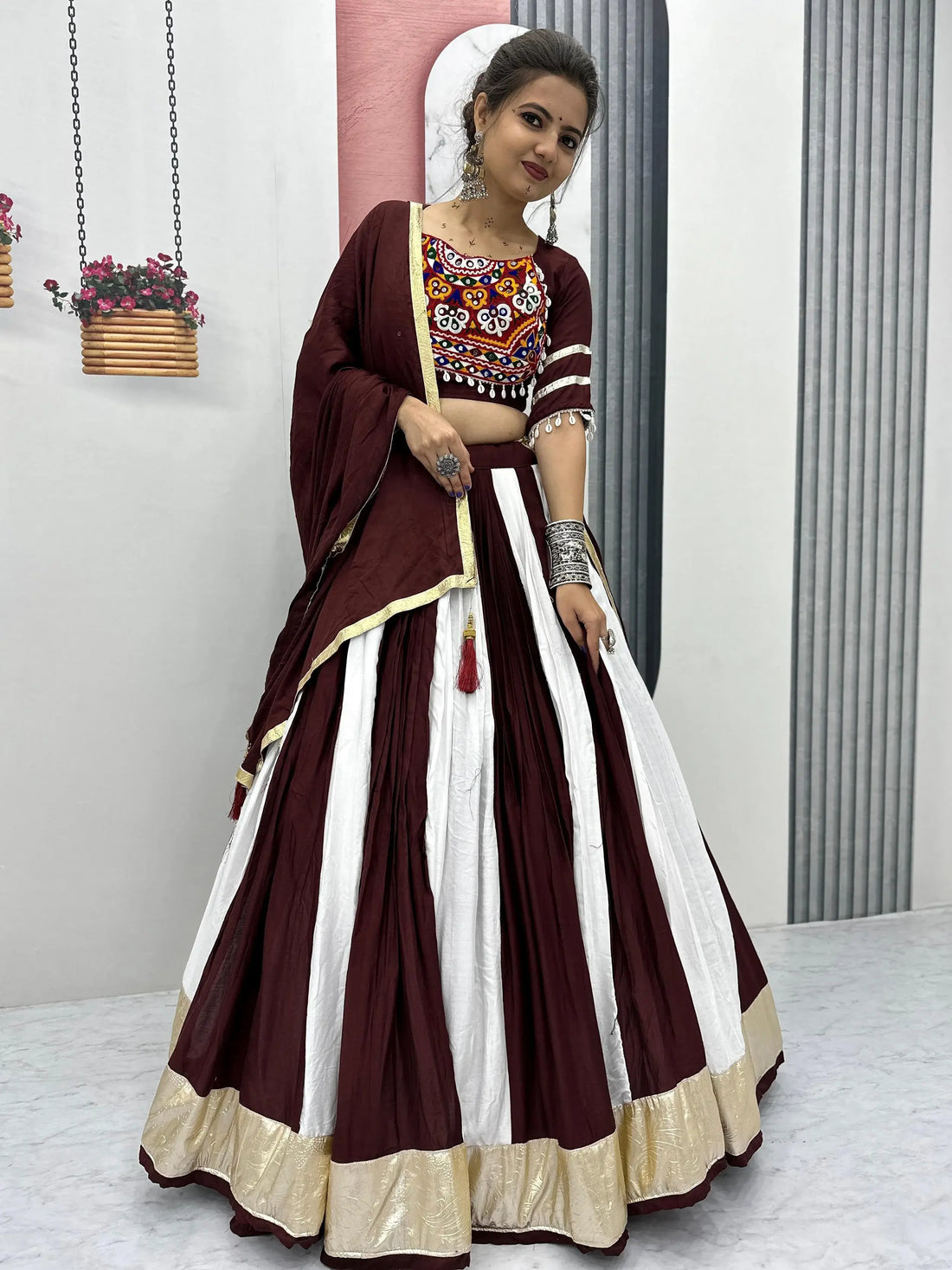 Awesome Maroon Cotton Navratri Wear Lehenga With Gamthi Work Blouse - Zeel Clothing